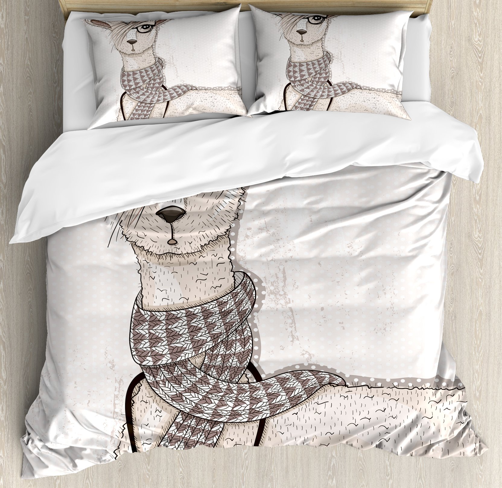 Ambesonne Teen Room Duvet Cover Set, Hipster Lama Hair Style and Camera Artist Animal Humorous Graphic, Decorative 2 Piece Bedding Set with 1 Pillow Sham, Twin Size, Beige Tan