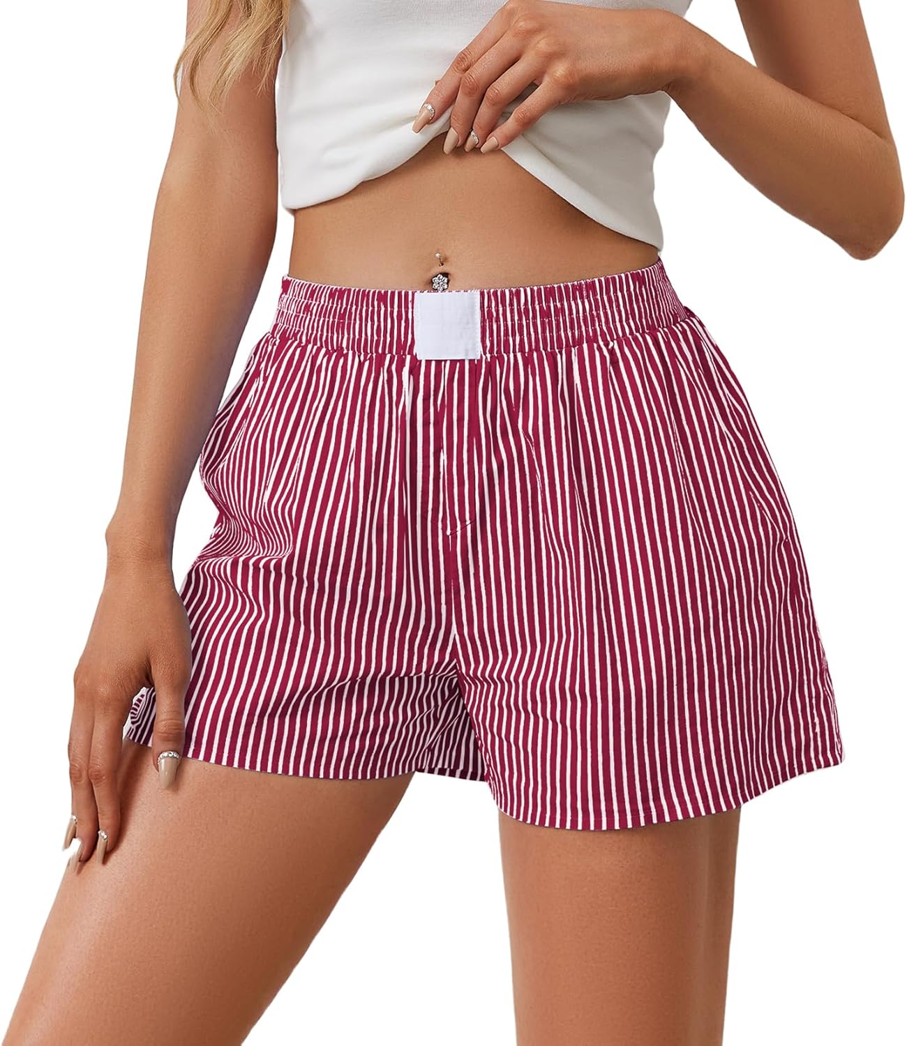 Casual Striped Summer Shorts for Women Button Elastic Waist Loose Boxers Bottom with Pockets Comfy Pajama Shorts