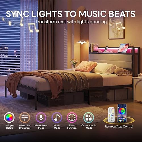 Miniatura 3 de LIKIMIO Base de cama Queen con cabecera de almacenamiento y luces LED, plataforma de metal con estación de carga, sin ruido, no necesita somier,