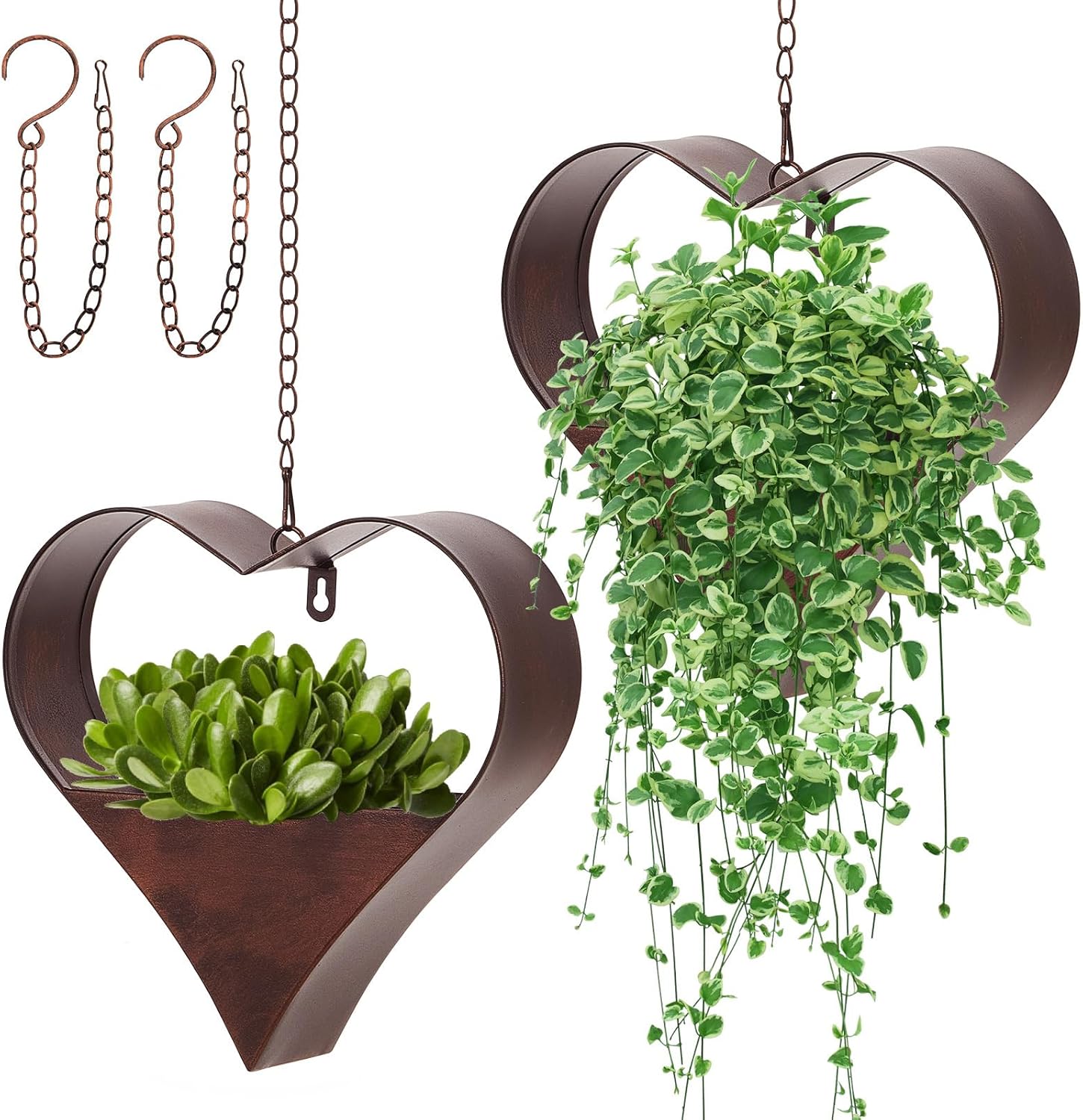 2 Pack Metal Plant Hangers Indoor and Outdoor Rustic Heart Shape Hanging Planters Holder Detachable Flower Pot with Hooks Chains Drain Hole for Women Garden Lover Home Decor