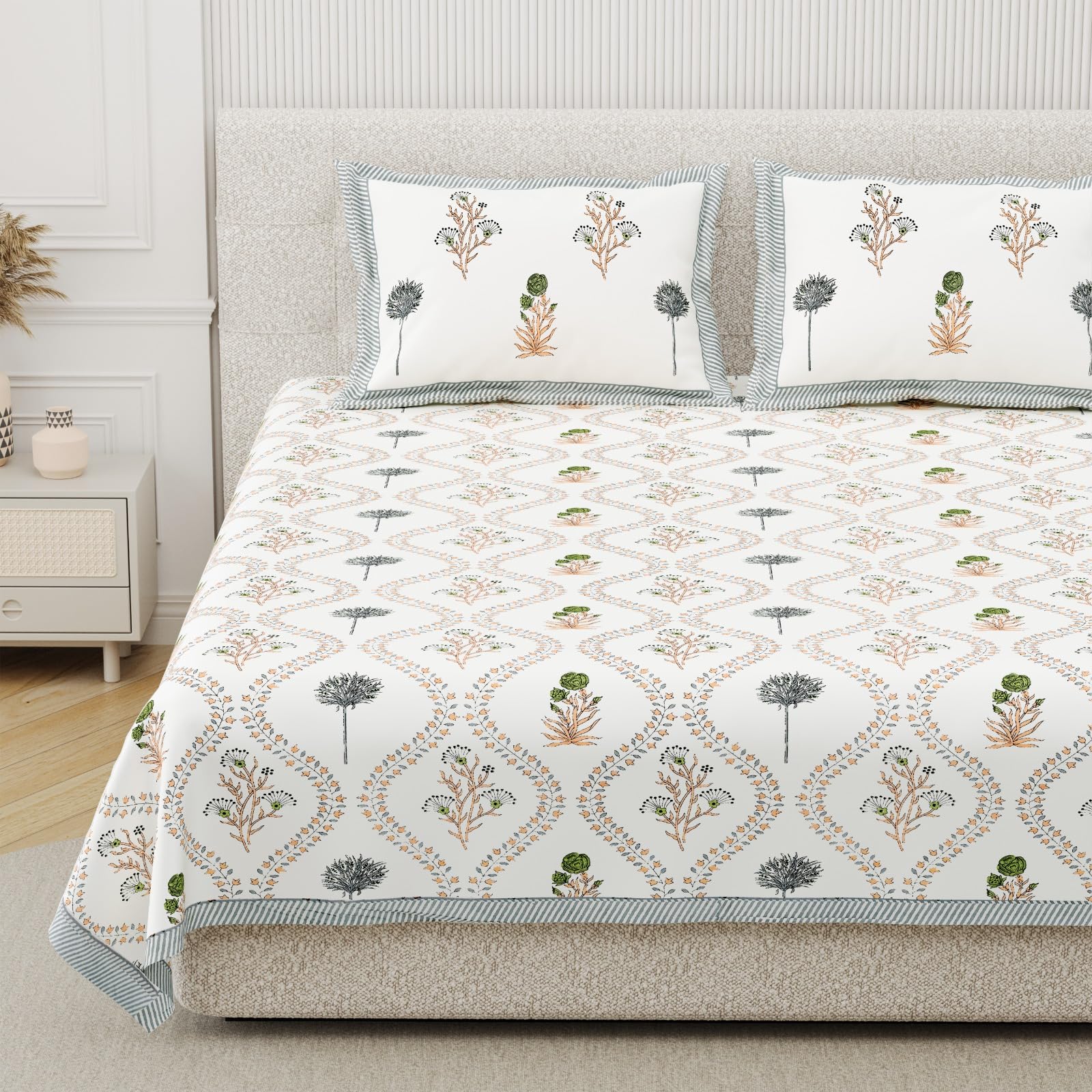 DE CAMA Since 1997 | 100% Cotton 300 TC Premium Super King Size Bedsheet for Double Bed (108 x 108 Inch) with 2 Pillow Covers Set (17 x 27 Inch) Hand Block Printed Bedsheet Set - Urbana White-image-6