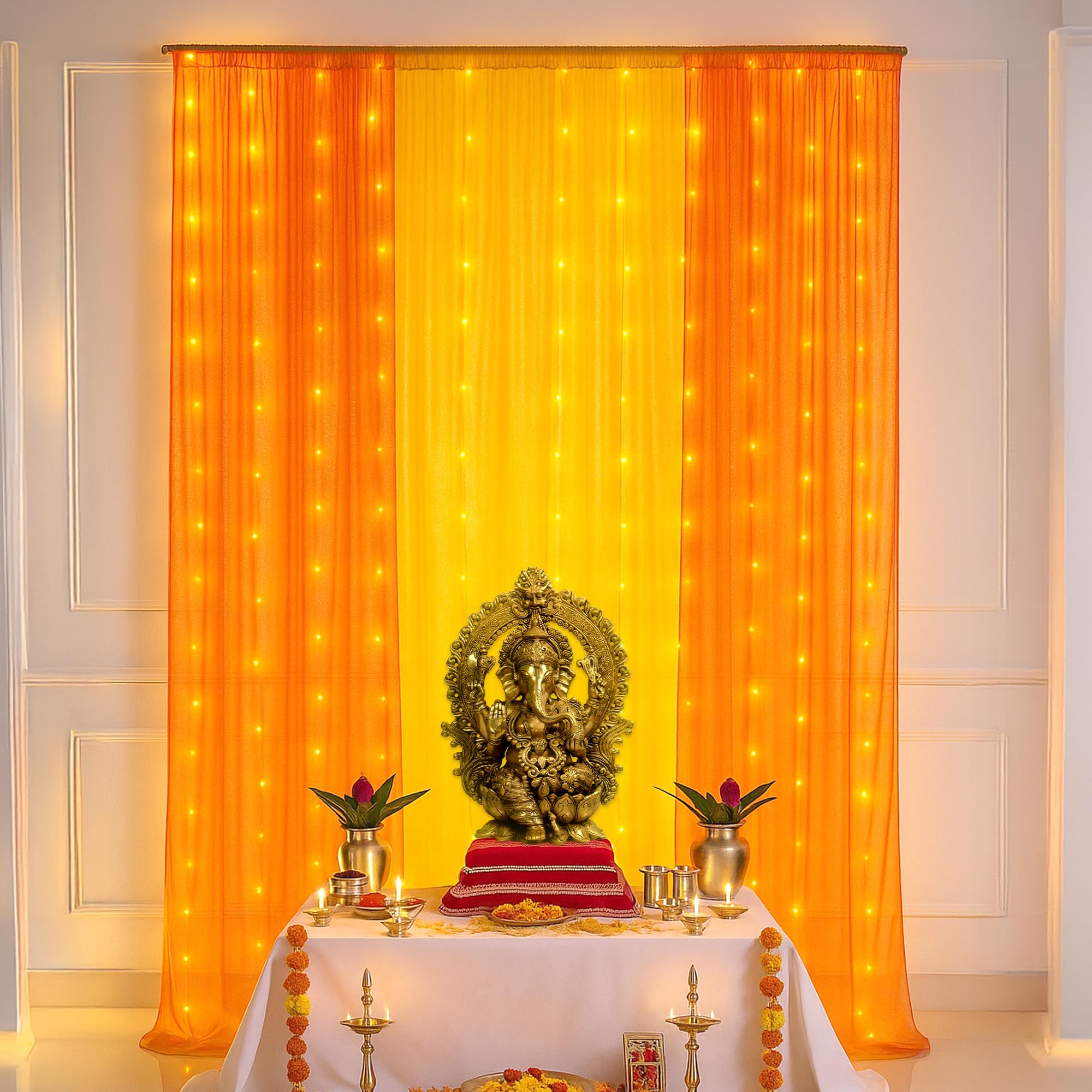 SpecialYou® Ganpati Decoration Setup for Home with Orange & Yellow Backdrop Cloth for Decoration Pooja Room Decoration Items, Ganesh Chaturthi Decoration Setup, Ganpati Decoration Backdrop- 9 Items