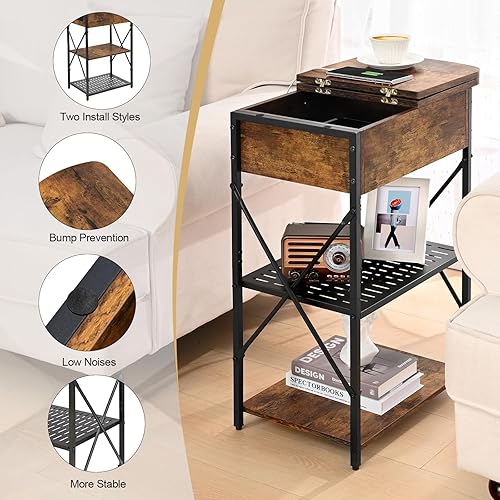 Miniatura 5 de Livofloral Mesa auxiliar estrecha con estación de carga, mesa auxiliar con 3 puertos USB y 2 salidas de CA, mesa auxiliar abatible con