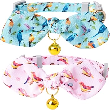 Faygarsle 2 Pack Breakaway Cute Cat Collars with Bell, Cat Collar with Bow for Girl Boy Cats Pink Blue Bird Patterns