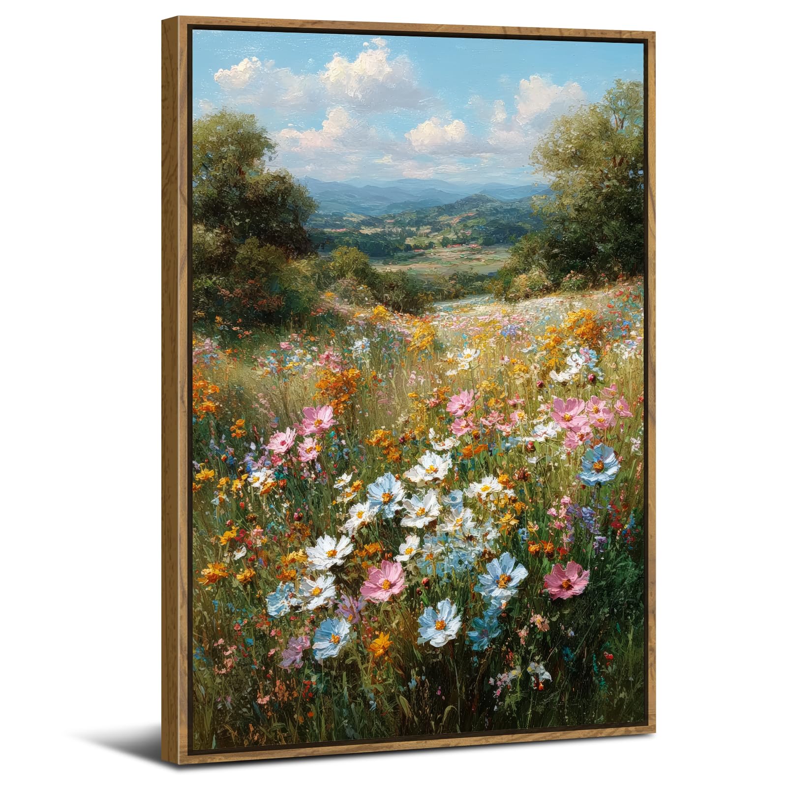 AREBOLO Lager Retro Farmhouse Framed Wall Art Rustic Wildflower Painting Wall Decor for Dining Room Kitchen Decorations 24x36 Colorful Daisy Floral Paintings Natural Dreamy Aesthetic Posters Artwork
