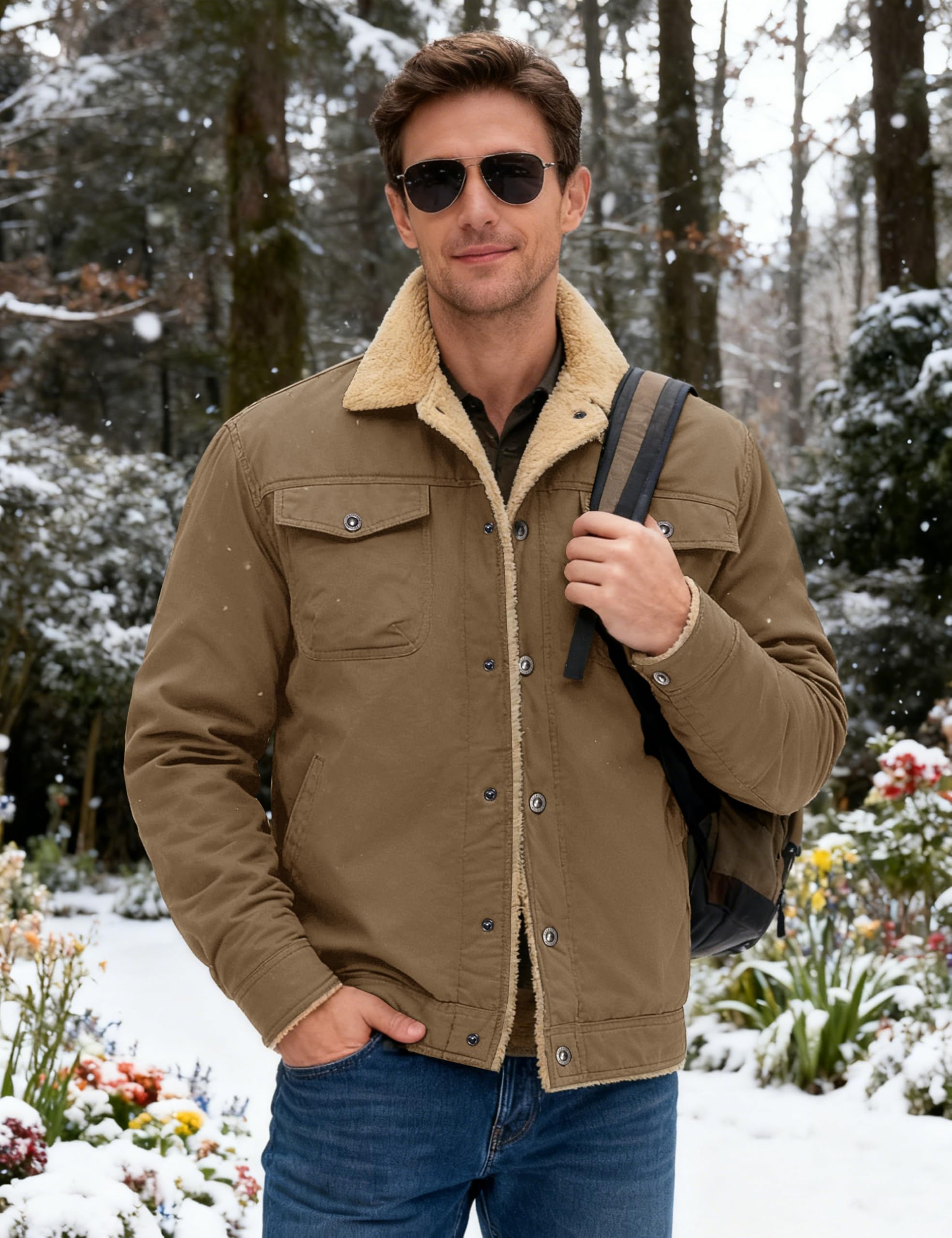 MAGNIVIT Men's Cotton Cargo Jacket Winter Sherpa Fleece Lined Work Jacket Coats with 5 Pockets