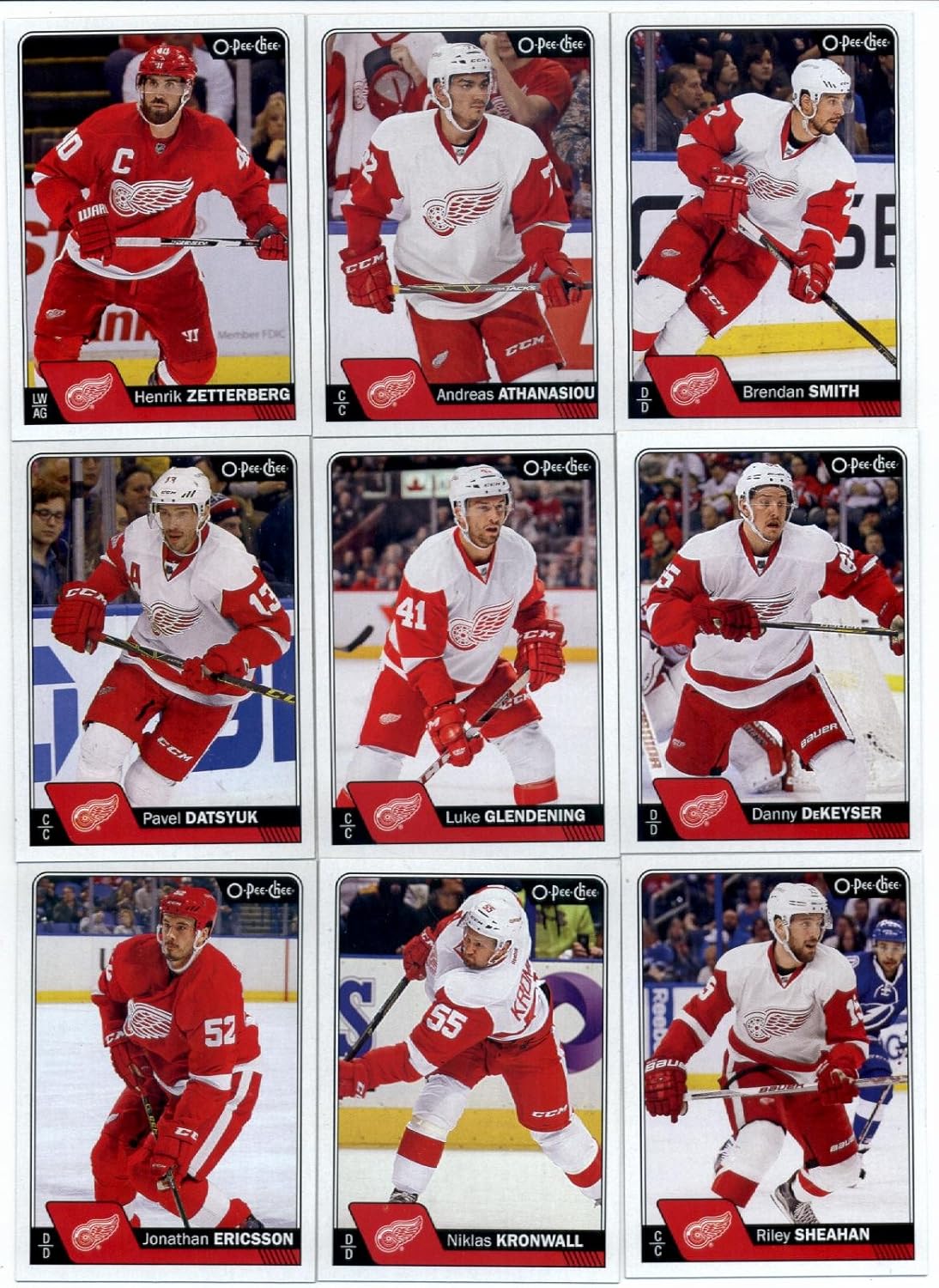 2016-17 O-Pee-Chee Hockey Detroit Red Wings Team Set of 19 Cards in Protective Snap Case: Andreas Athanasiou(#15), Henrik Zetterberg(#42), Brendan Smith(#52), Danny DeKeyser(#85), Luke Glendening(#96), Pavel Datsyuk(#174), Riley Sheahan(#202), Niklas Kronwall(#231), Jonathan Ericsson(#263), Dylan Larkin(#291), Jim Howard(#319), Teemu Pulkkinen(#326), Justin Abdelkader(#359), Brad Richards(#375), Petr Mrazek(#425), Gustav Nyquist(#450), Darren Helm(#478), Mike Green(#510), Tomas Tatar(#533)