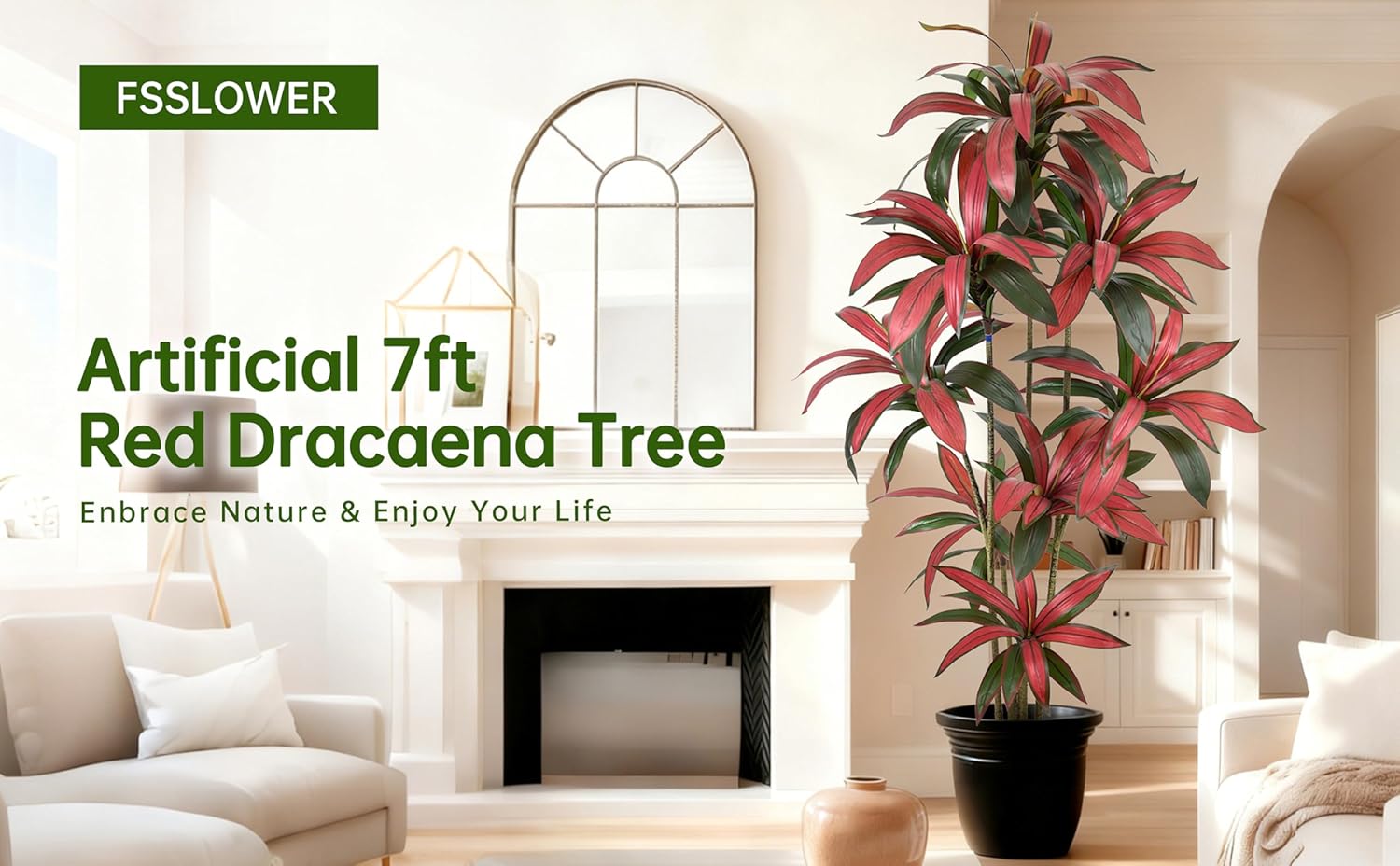 Artificial Red Dracaena Tree 7FT with 135 Leaves & 8 Heads Lifelike Tall Fake Faux Tropical Silk Bicolor 84 Inch Plant Black Pot for Indoor Home Office Store Corner Decor Housewarming Gifts - Image 3