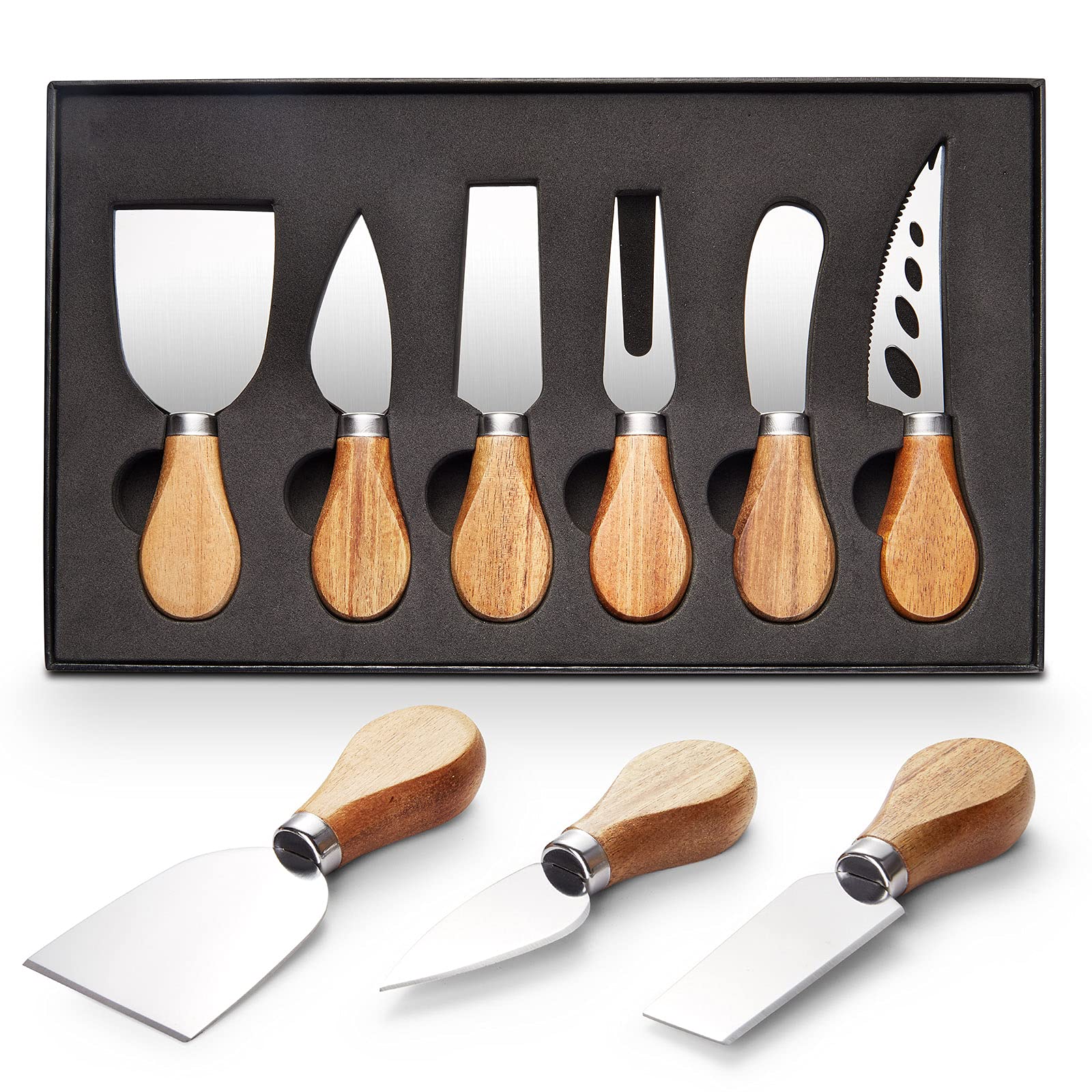 Premium Käsemesser-Set Aus Holz – 6-teilig, Edelstahlklingen, Zum Schneiden, Streichen & Servieren Aller Käsesorten