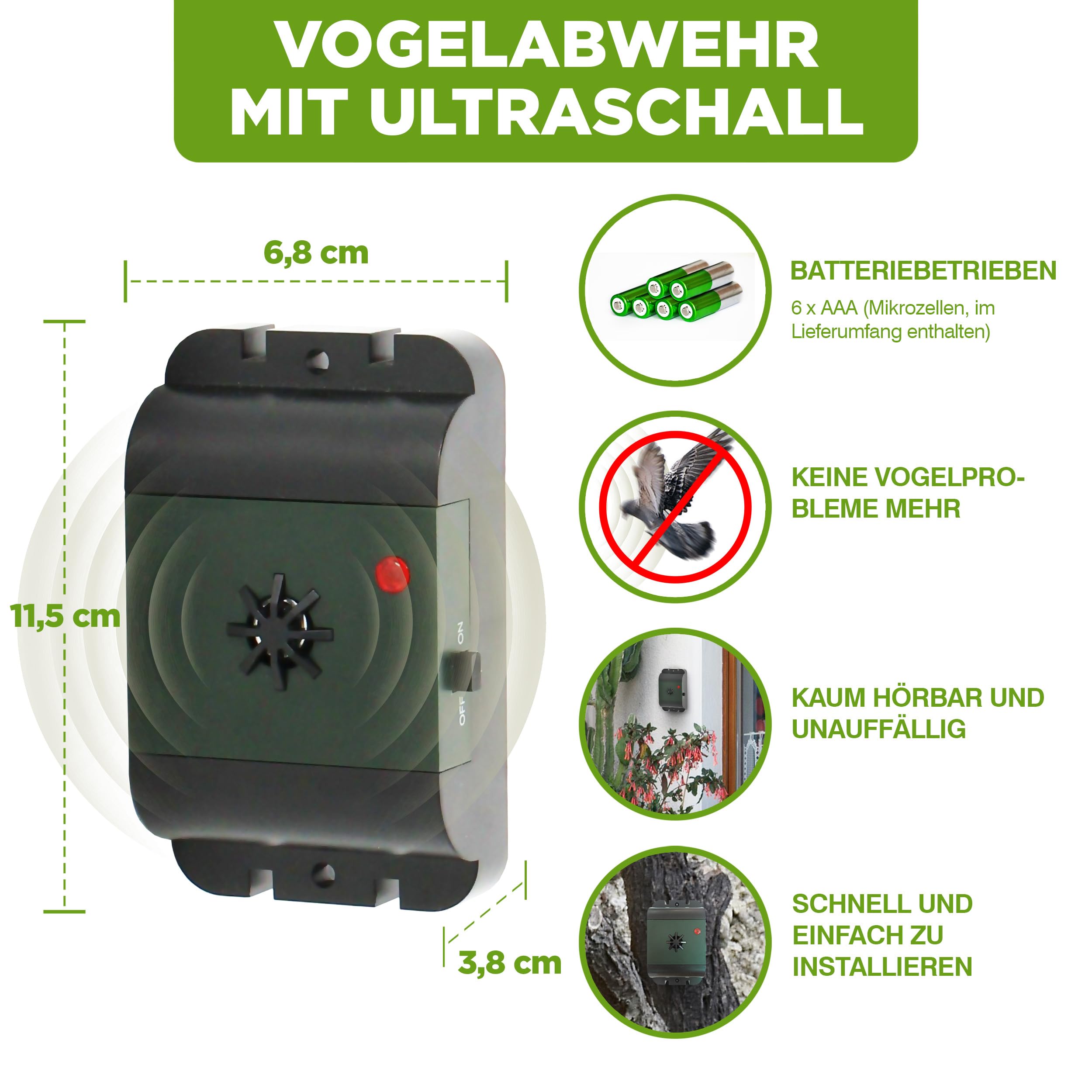 ISOTRONIC Ultraschall Vogelabwehr zum Vertreiben von Tauben, Spatzen, Möwen & Krähen – batteriebetriebener Vogelschreck für Balkon, Dach & Garten – Taubenabwehr mit 40m² Wirkungsbereich (2 Stück)