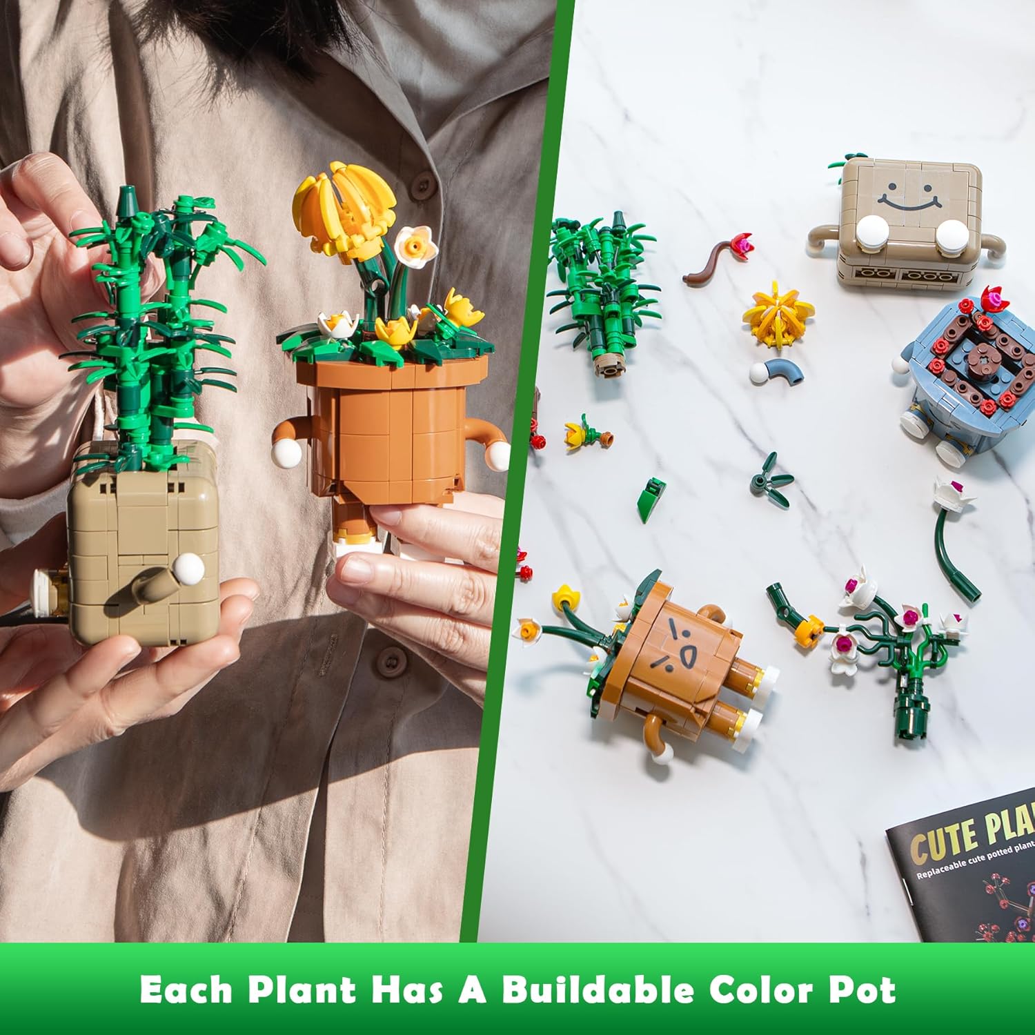 4-Pot Interchangeable Botanicals Building Kit - Creative Spinning Plant Building Toys with DIY Faces, Mini Desk Decor & Fun Gift for Teens Adults (Orchid, Bamboo, Plum, Chrysanthemum)