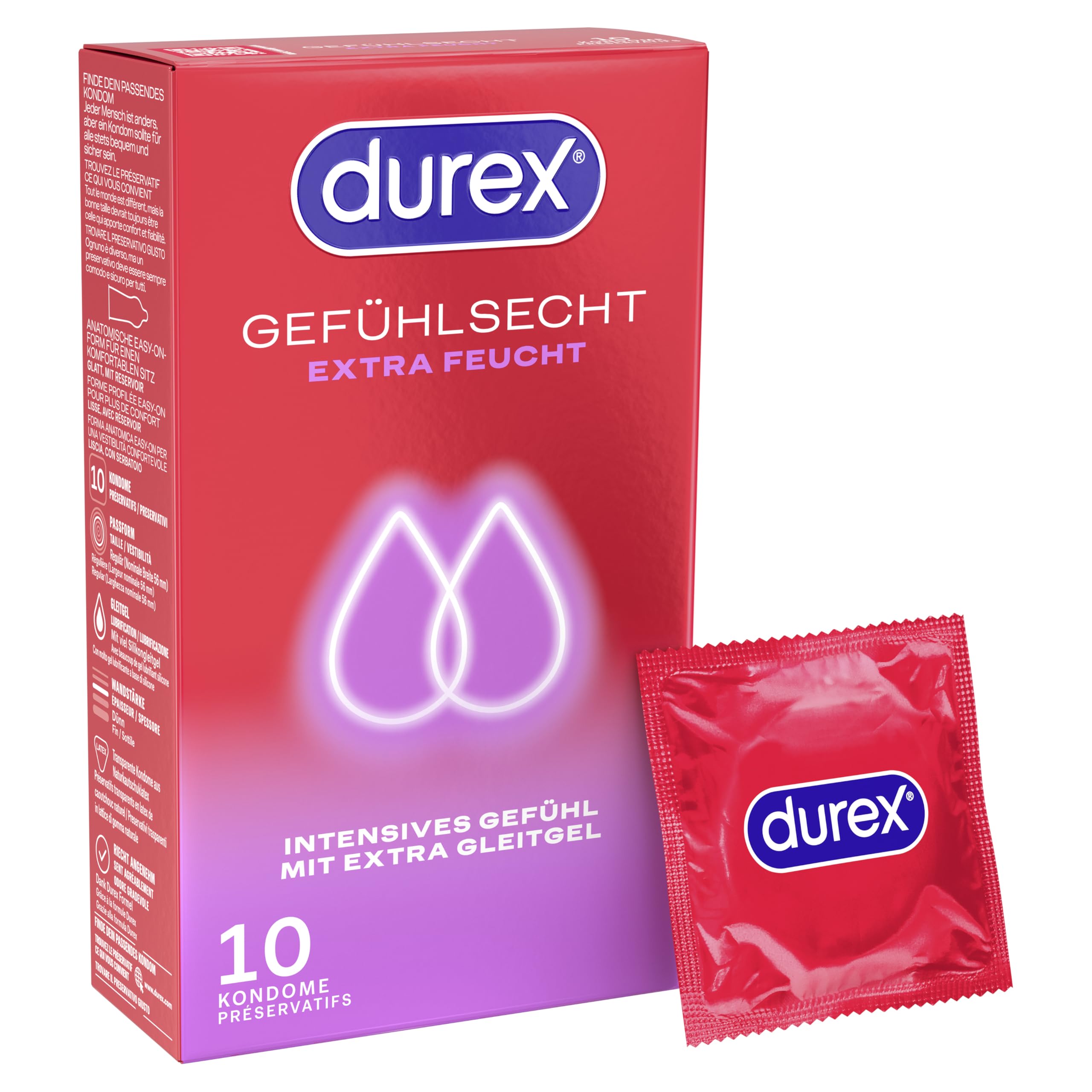 Durex Gefühlsecht Extra Feucht Kondome - Dünne Kondome mit anatomischer Easy-On-Form & extra Gel-Beschichtung 1er Pack (1 x 10 Stück)