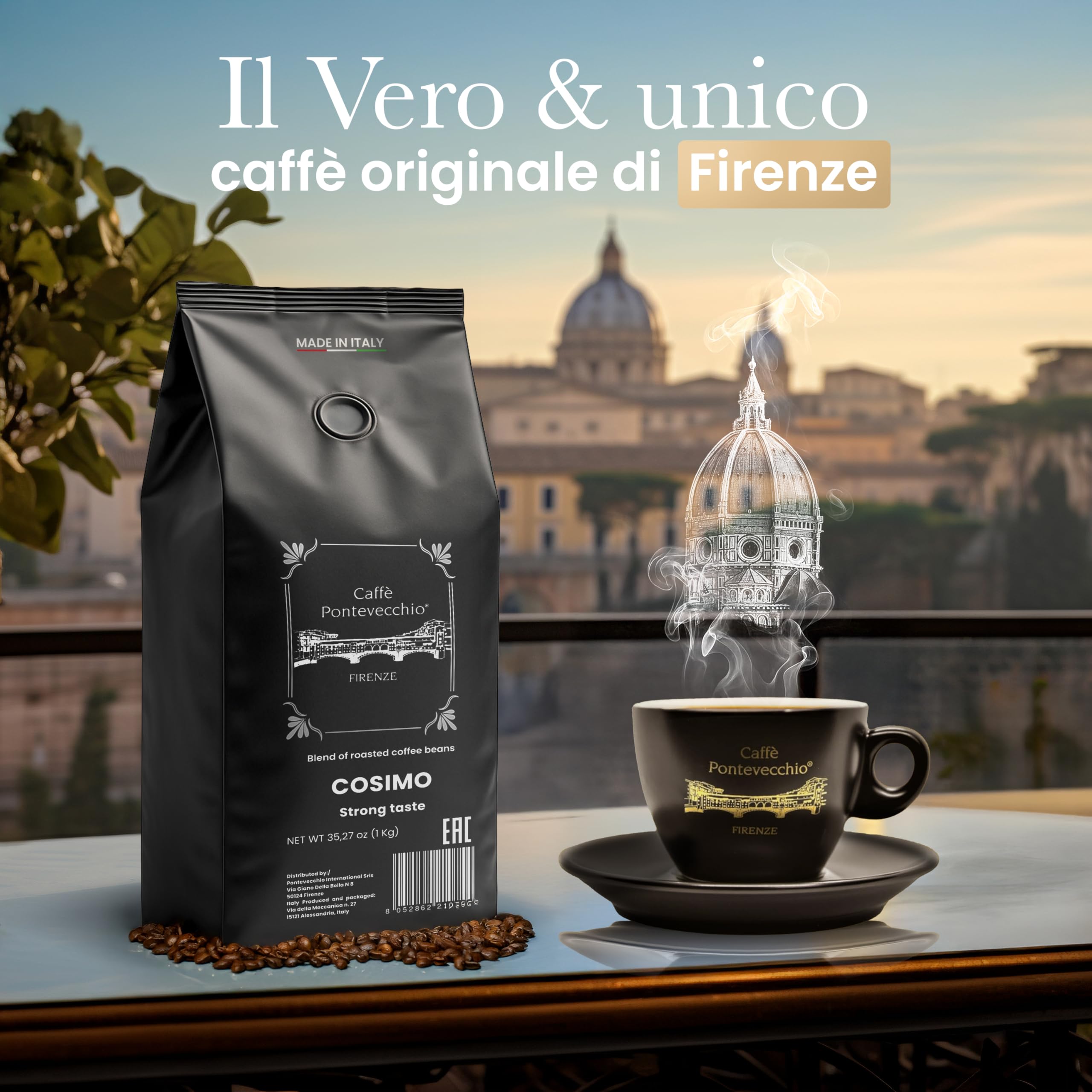 Caffè in Grani 1kg - Miscela 100% Robusta da India Vietnam Indonesia - Chicchi Interi per Moka ed Espresso - Gusto Forte e Tostato con Crema Densa - Made in Italy - CAFFÈ PONTEVECCHIO FIRENZE