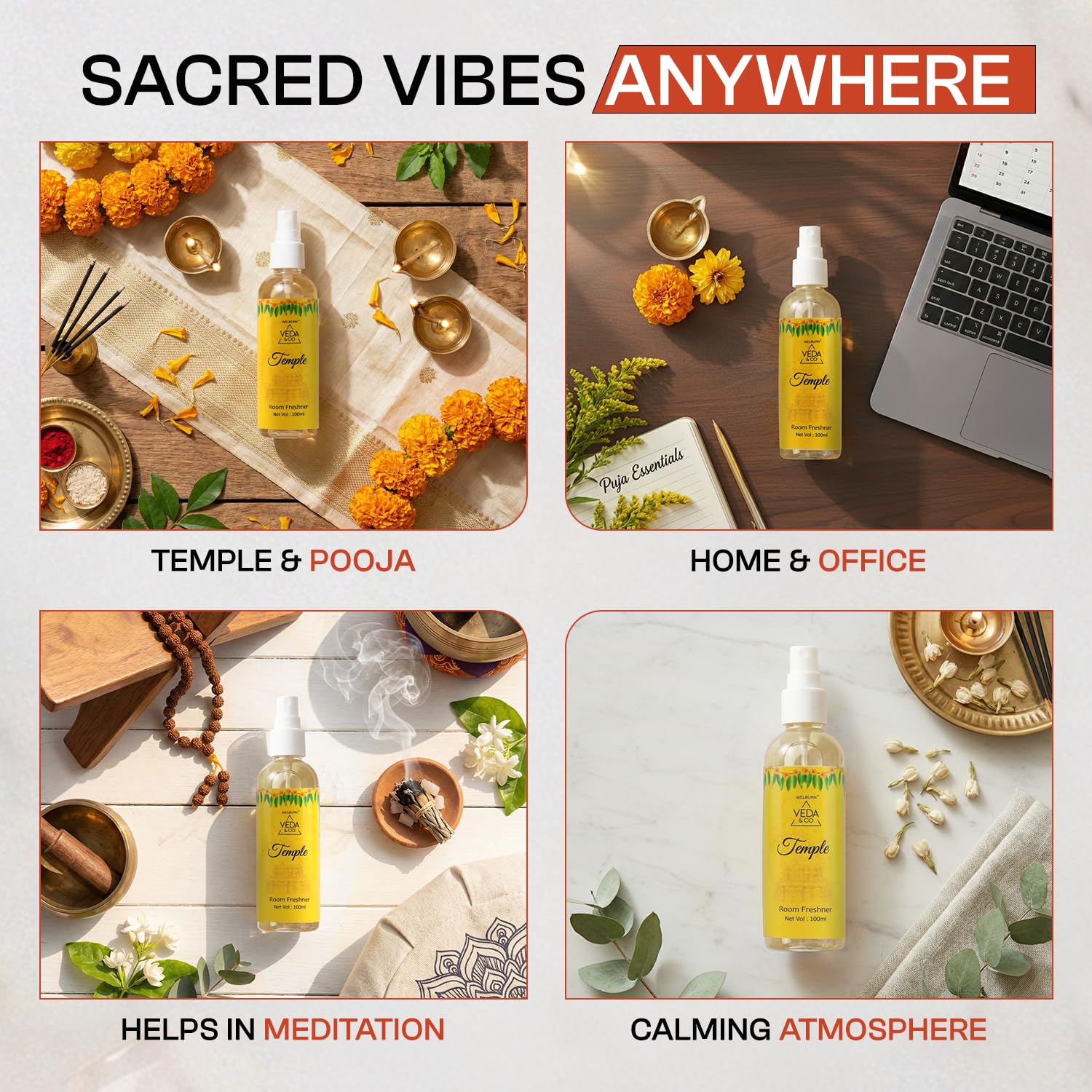 Welburn Veda&Co® Temple Fragrance Room Freshener 100ml | Long Lasting Spiritual Aroma Spray for Home, Office & Puja Room | Divine Puja Room & Home Fragrance 2