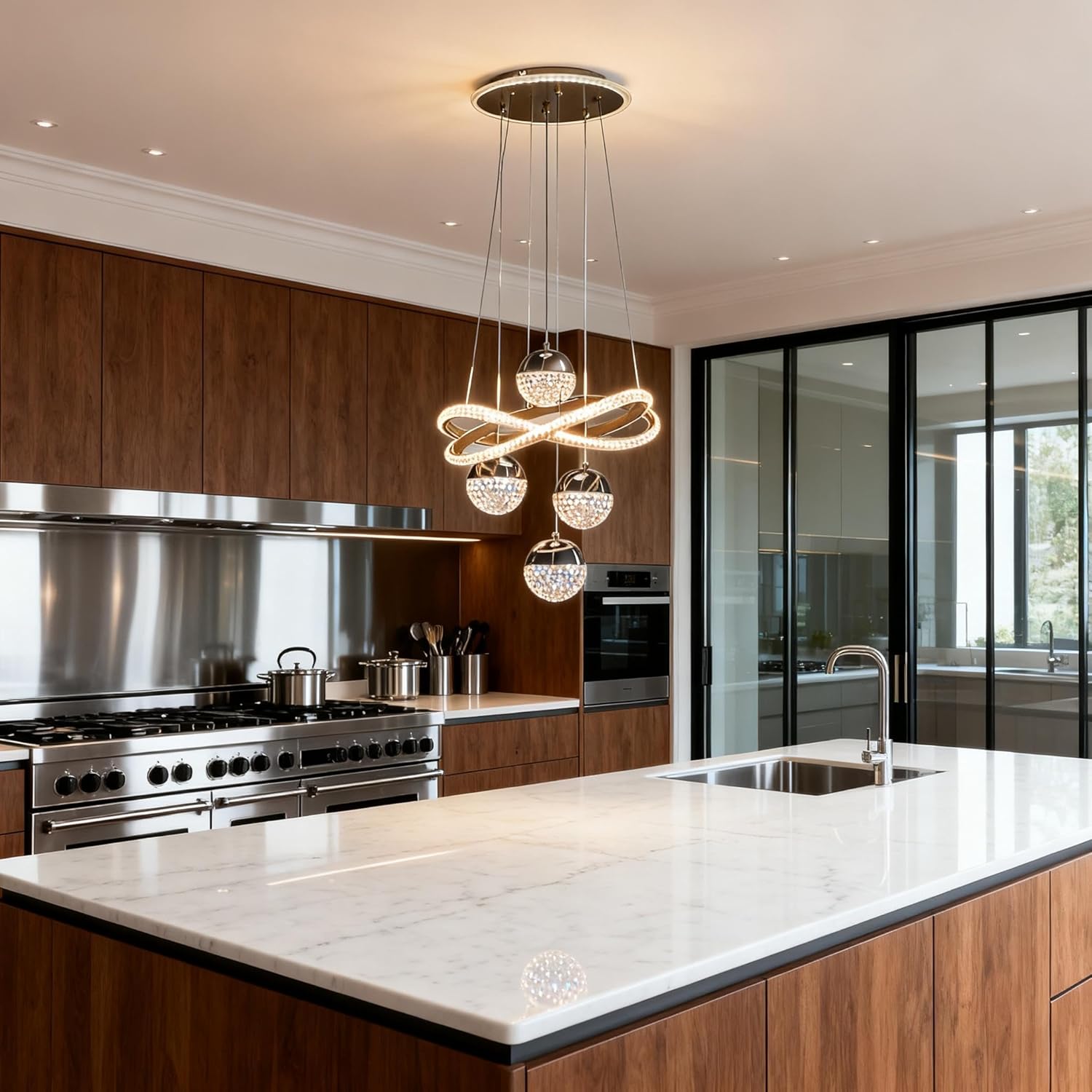 Modern Gold LED Chandeliers, 3-Color Change Pendant Light for Kitchen Island Dining Room Living Room Contemporary Hanging Ceiling Light Adjustable Height for Modern Home Decor