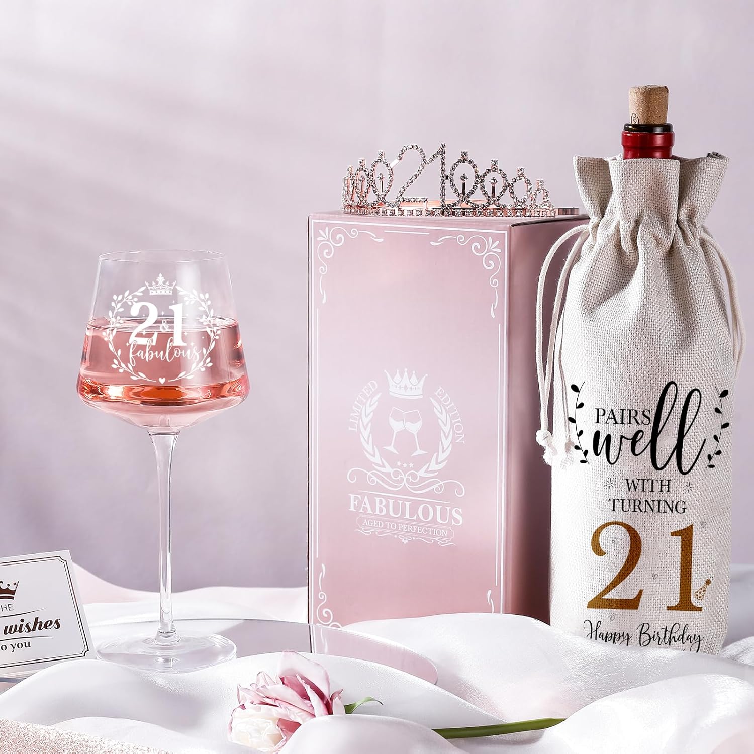21st Birthday Gifts for Women Her - Sweet Decorations with Vintage Wine Glasses, Wine Bag, Birthday Sash, Crown, Elegant Princess Rhinestone Tiara, Perfect for Women, Sister, Daughter,BFF,Girlfriend