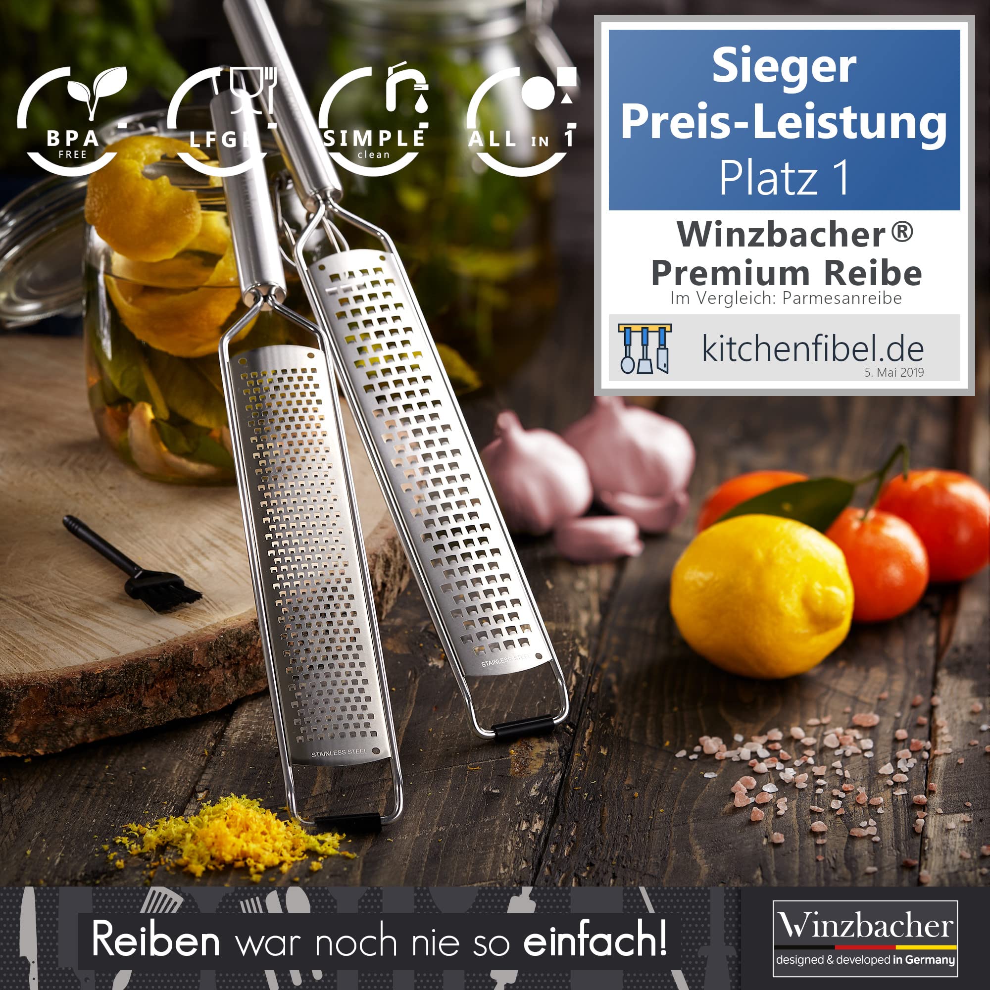 Winzbacher® DAS ORIGINAL [2er Set] Edelstahl Reibe | Parmesanreibe, Zitronenreibe, Muskatnuss, Ingwerreibe, Zester | rasiermesserscharfe Klinge | inkl. Sch?tz & Reinigungsbürste