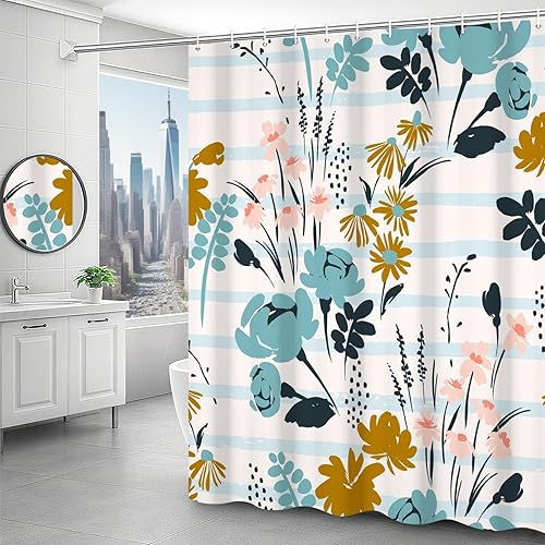 dnldliq Watercolor Floral Shower Curtain Botanic Style Sunflower Leaves Curtain 