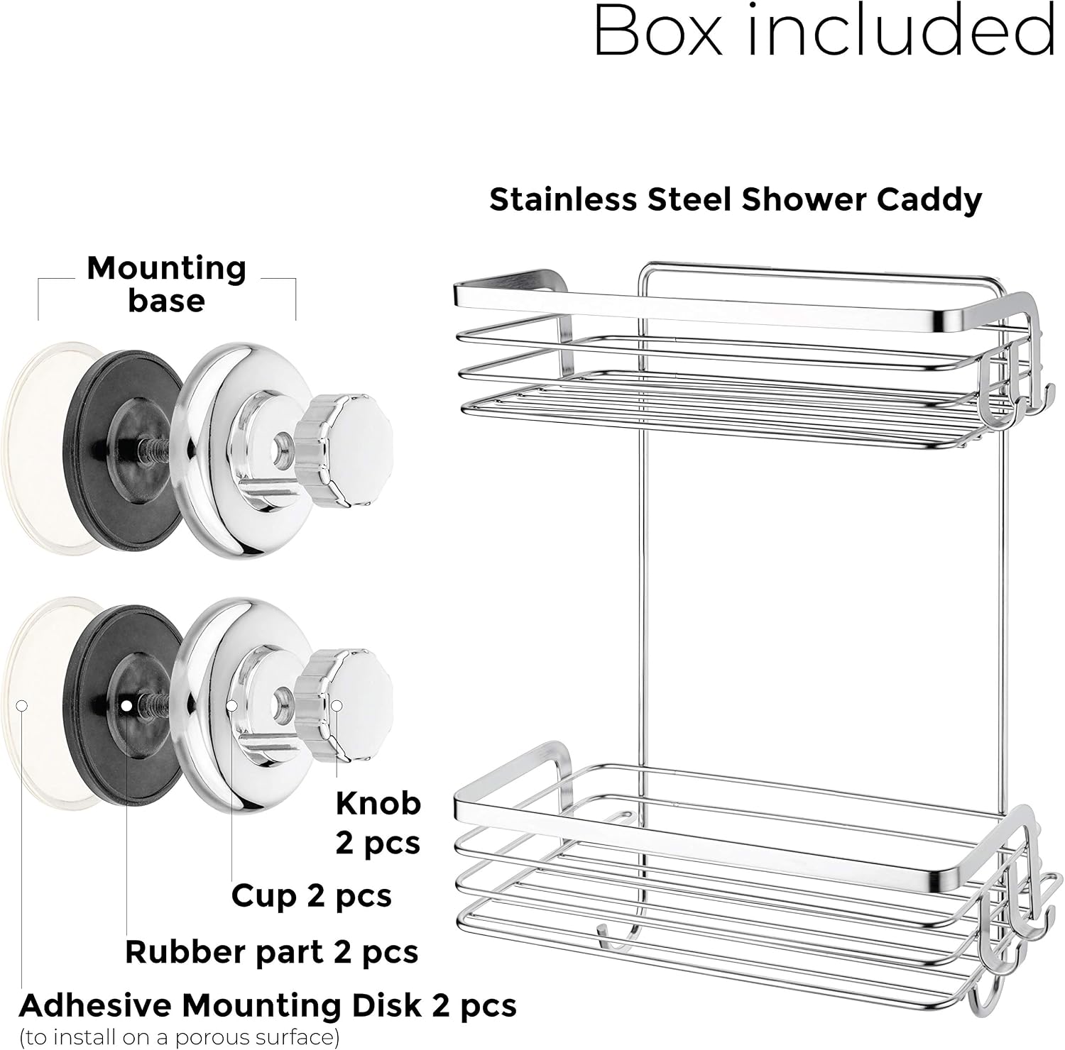 HASKO accessories Suction Cup Shower Caddy, Bath Shelf with Hooks, 2 Tier Wall Mounted Basket for Bathroom and Kitchen Storage, Adhesive 3M Stick Discs Included (Polished Stainless Steel SS304)