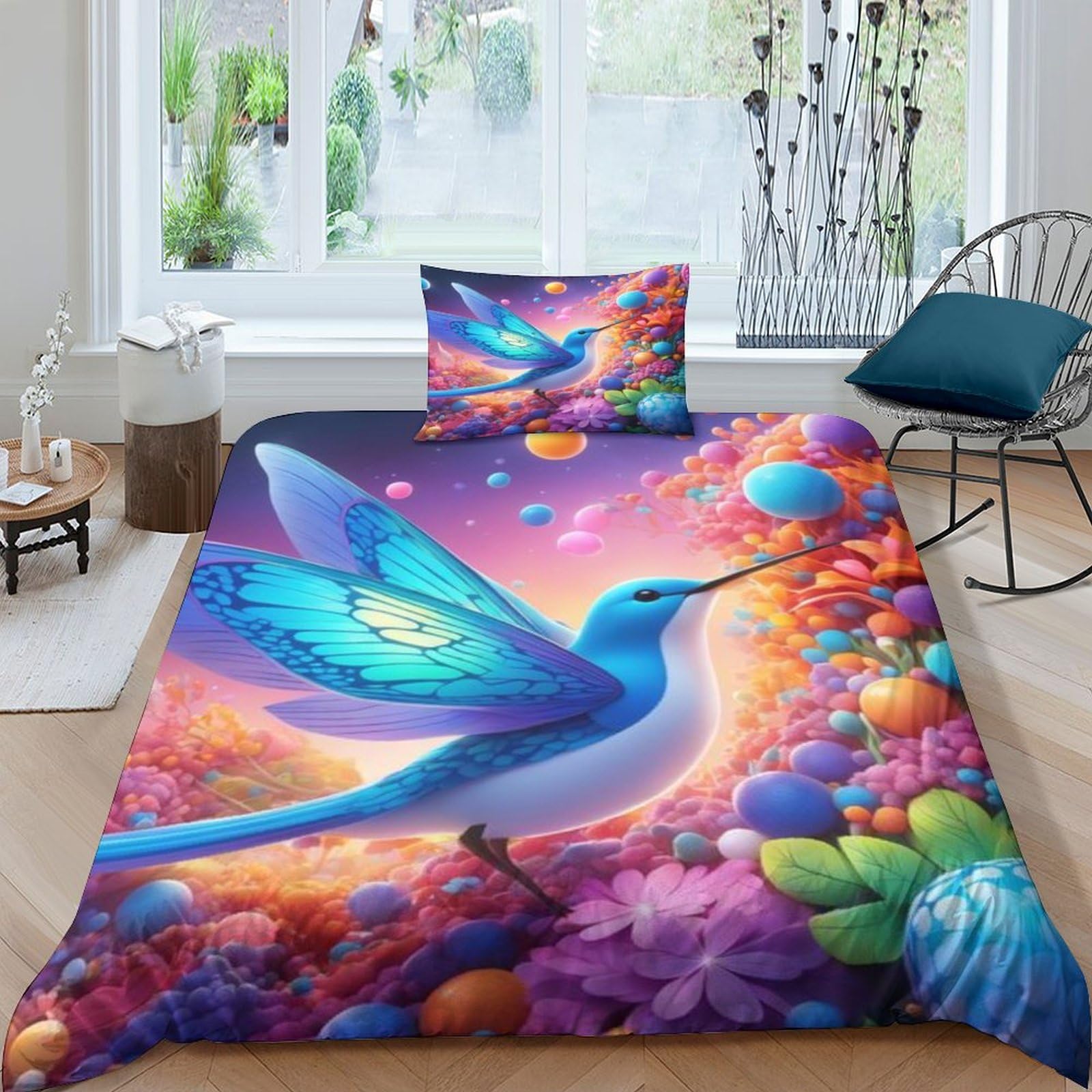Ensemble de literie 3 pièces avec housse de couette colibri 135x200cm et taies