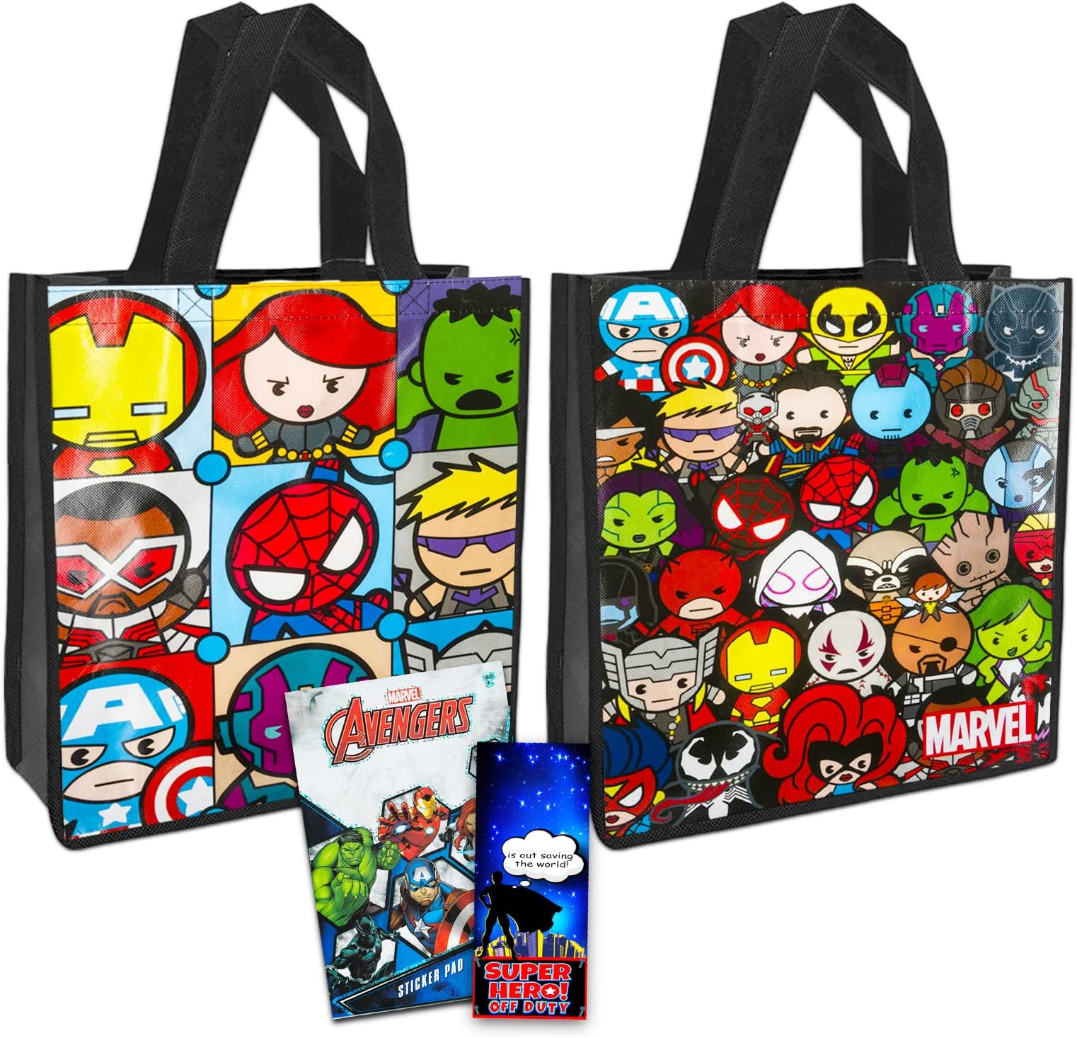 MarvelAvengers Tote Bag Set for Kids, Adults ~ 4 Pc Bundle with 2 Large Reusable Grocery Bags, Avengers Stickers, and More | Cute Superhero Party Supplies and Favors