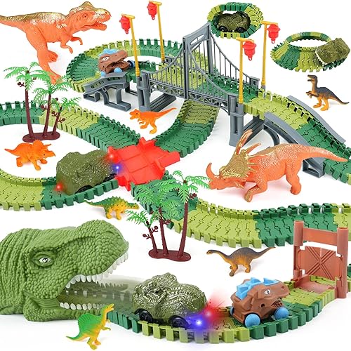 Juguetes de pista de dinosaurios para niños el mejor regalo de cumpleaños para niños de 3, 4, 5, 6, 7 años, juego de pista de carreras flexible con