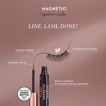 Kiss Magnetic False Eyelashes and Eyeliner, Charm, 12mm, Easy to Apply, Reusable, No Glue, Flexible Band, Precision Felt Tip, Fortified Formula, 1 Pair Strip Lashes