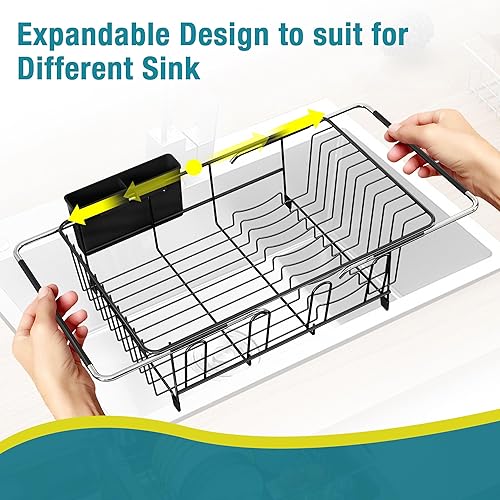 Miniatura 5 de JASIWAY - Escurridor de platos para fregadero, colador de acero inoxidable con asas de goma extensibles para verduras, frutas, artículos esenciales