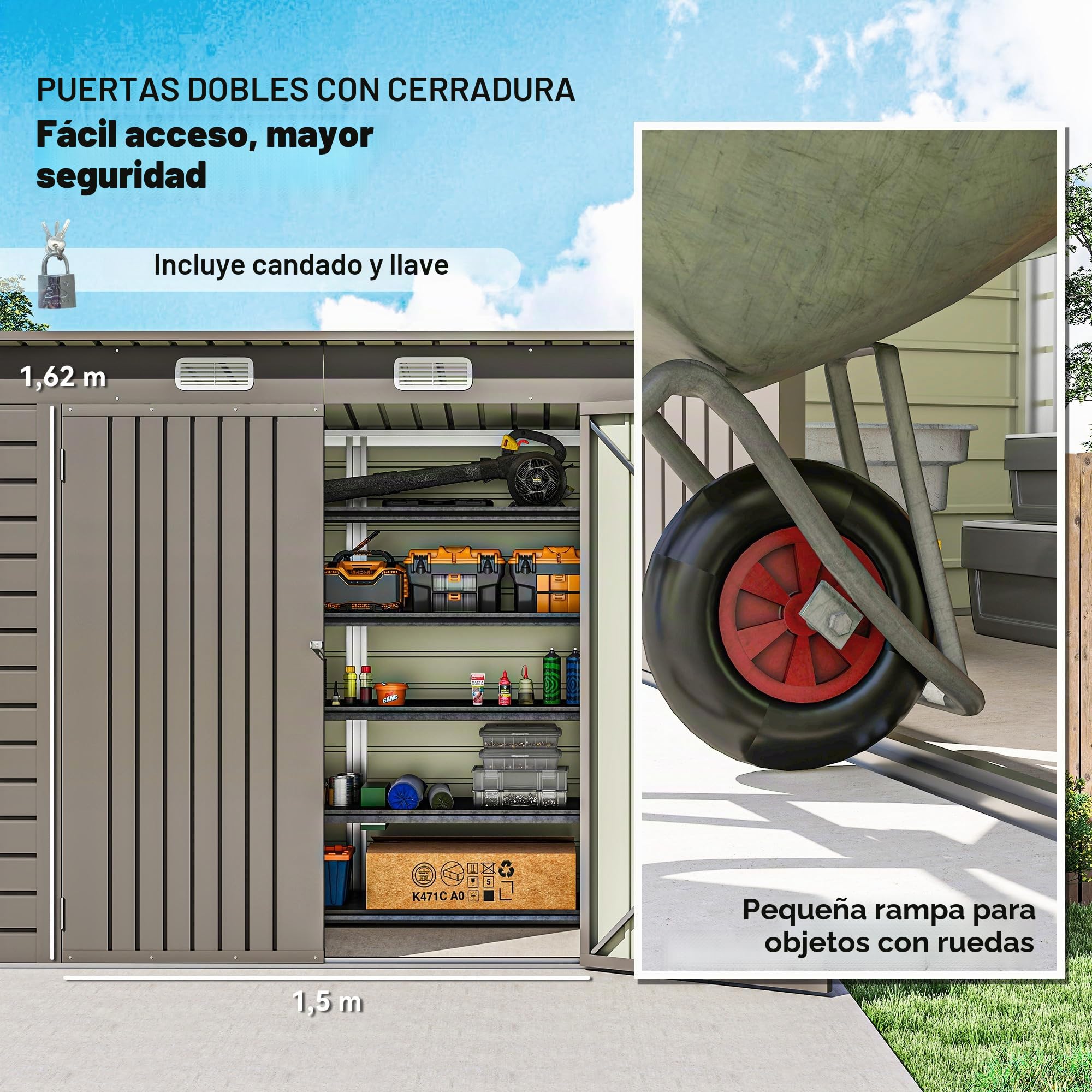 Outsunny 8 x 4FT Caseta Jardín Fácil Montaje Puerta Bloqueable Gris Claro