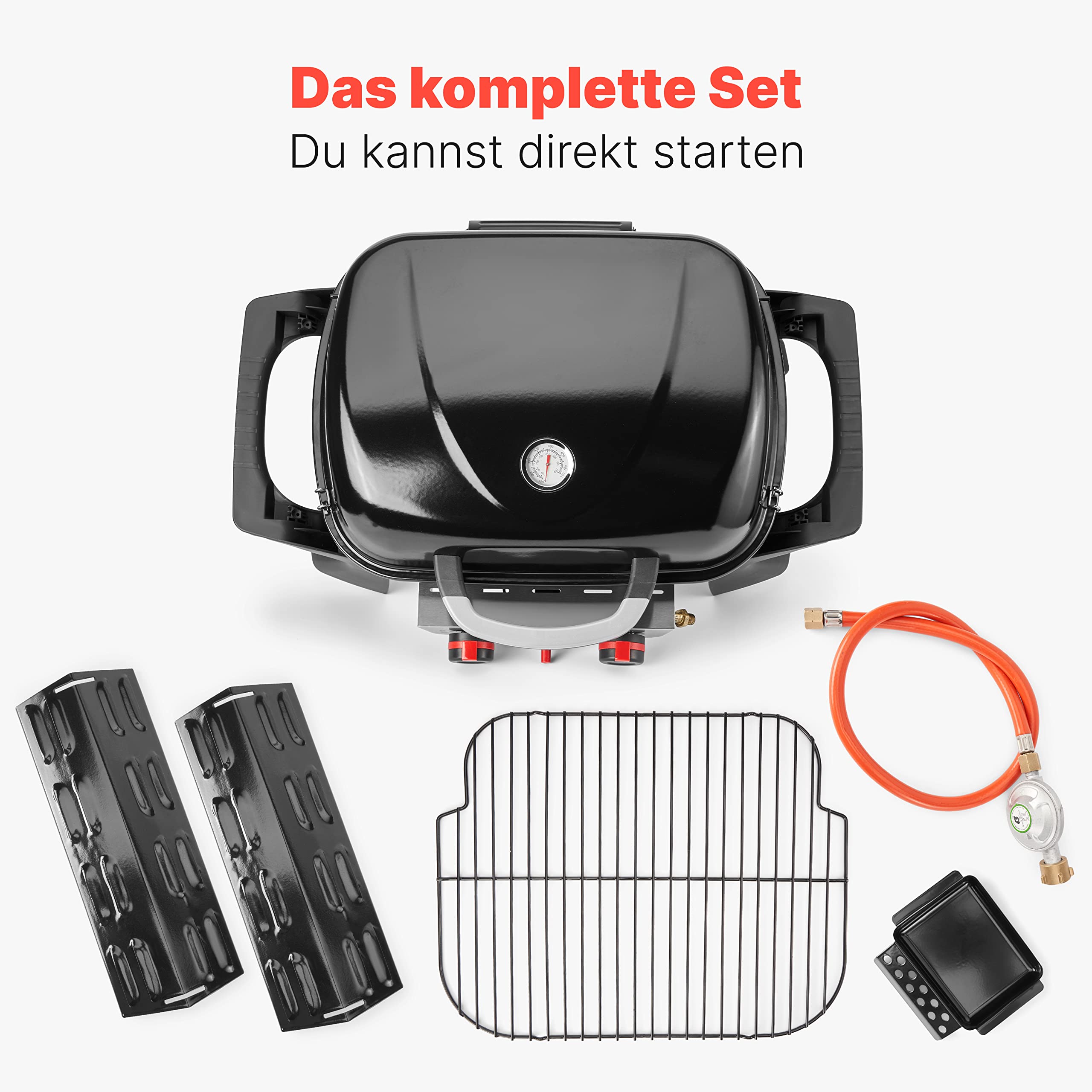 ProfiCook Gasgrill mit 2 Edelstahlbrennern | Tischgrill inkl. Gasdruckminderer & Gasschlauch | Grill mit Stabiler Metallhaube & Temperaturanzeige | Gasgrill klein für Balkon & Camping | PC GG 1261