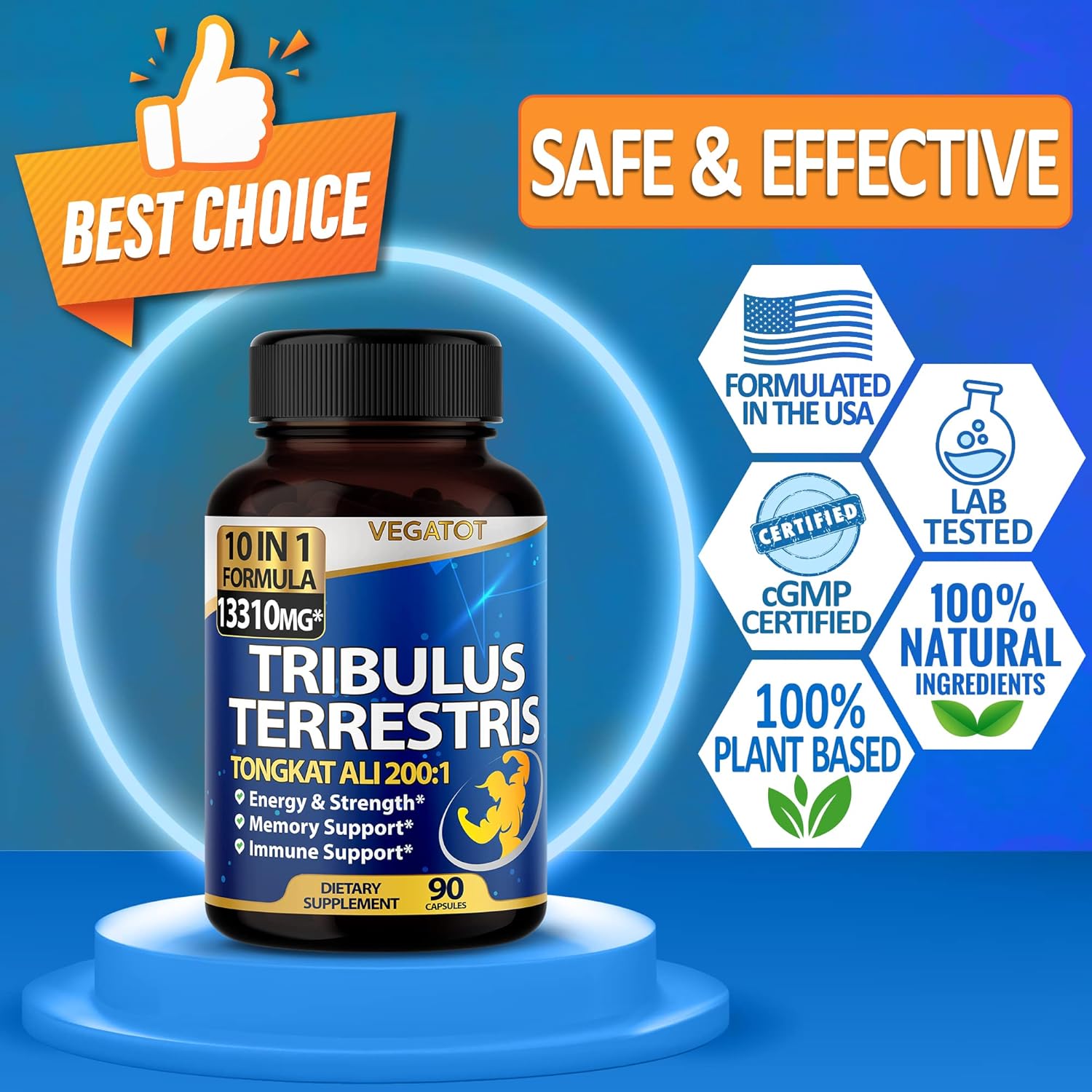 10 in 1 High Strength Tribulus Terrestris 13310 mg Concentrated Extract with Tongkat Ali Maca Root Beet Root Ginseng Boost Energy Stamina 3-Month Supply (90 Count (Pack of 1)) : Health & Household