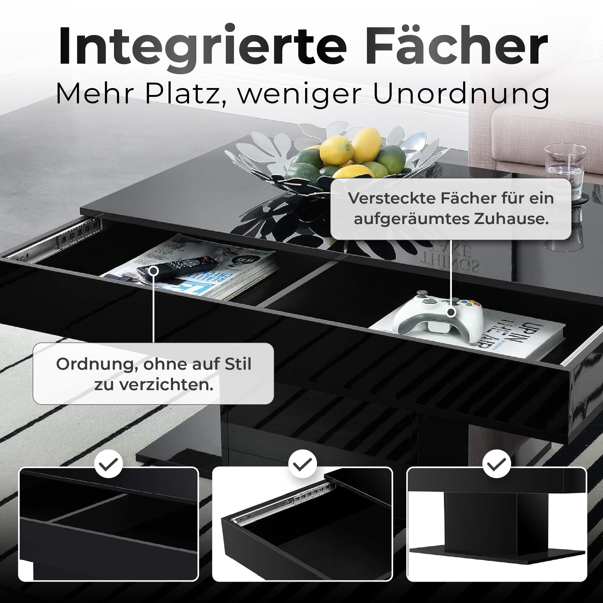[en.casa] Couchtisch Lünen Wohnzimmertisch mit Stauraum Truhentisch Sofatisch mit ausziehbarer Tischplatte rechteckig 2 Staufächer 40 x 110 x 60 cm Schwarz Hochglanz