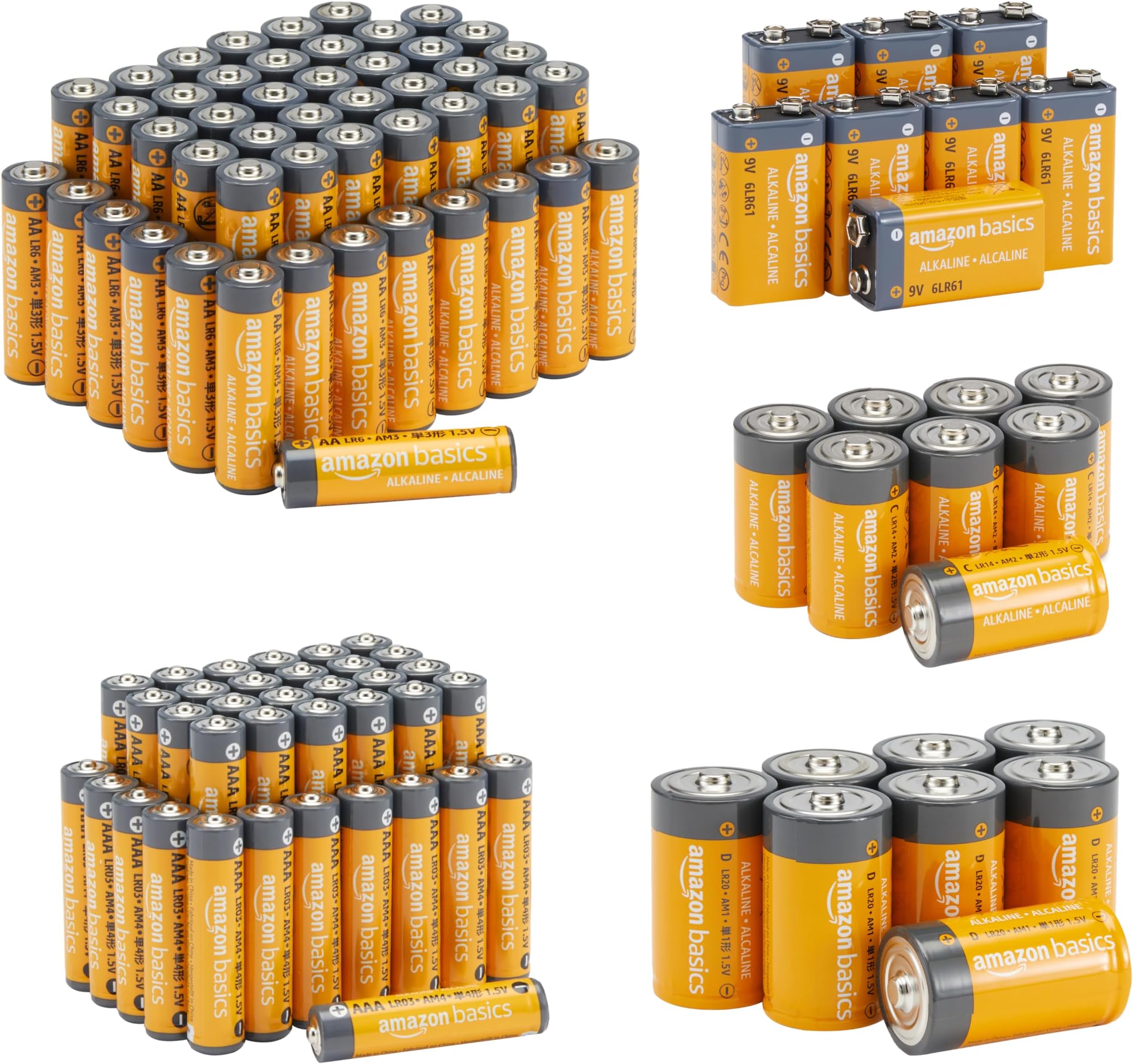 Amazon Basics 108 Count Alkaline Batteries Super Value Pack, Variety Assortment - 48 AA, 36 AAA, 8 C, 8 D, 8 9Volt
