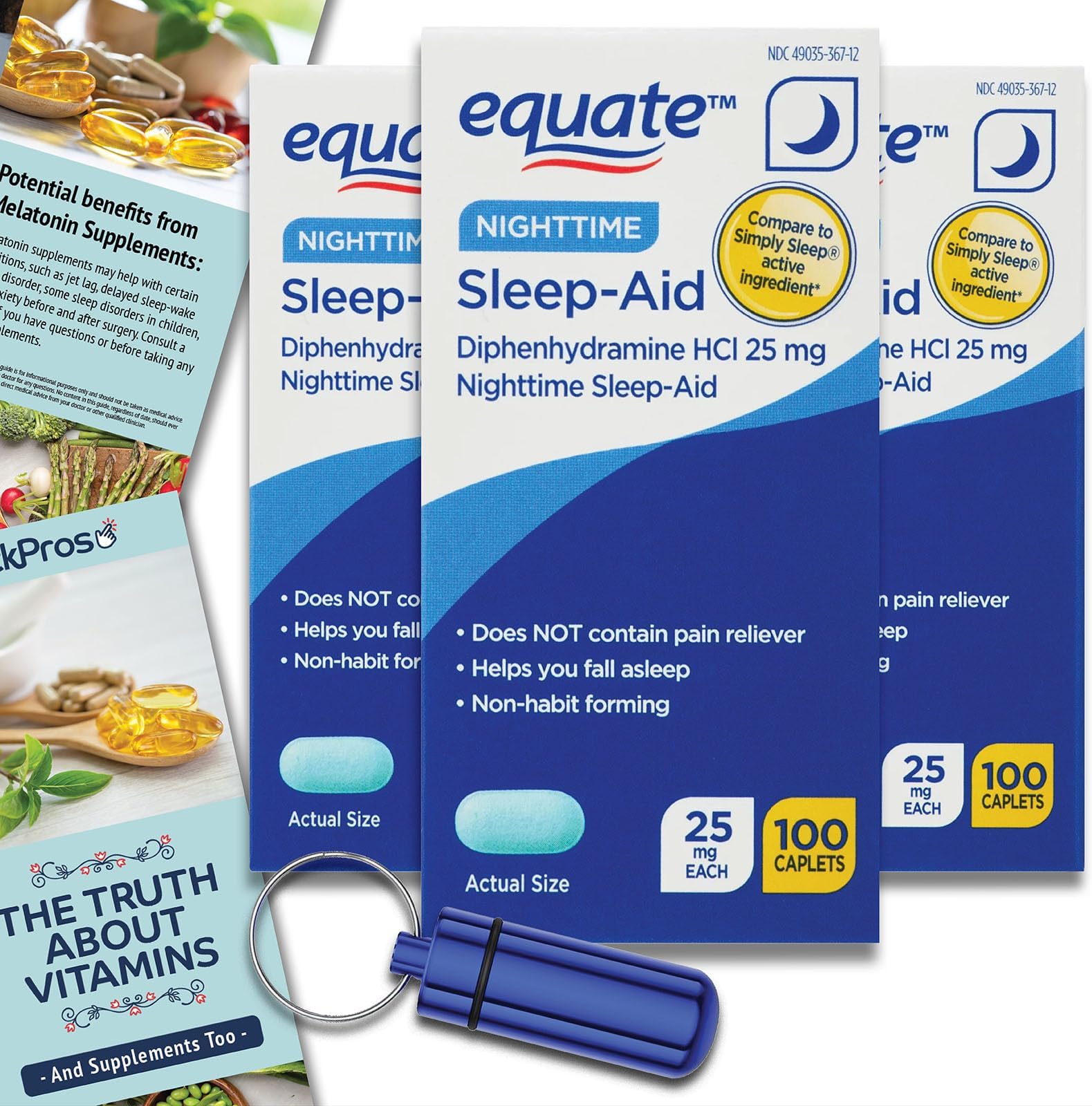 Equate Nighttime Sleep Aid Diphenhydramine HCl Caplets, 25 mg, 100 Count 3 Pack Bundle (300 Total) Compare to Simply Sleep + The Truth About Vitamins Guide and Pill Container (5 Items)!