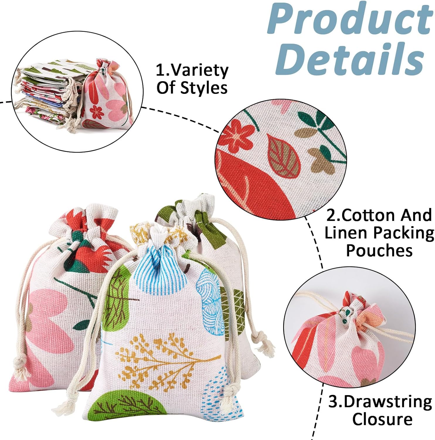 Magibeads 50Pcs Small Drawstring Gift Bags Leaf Flower Tree Cloth Sachet Bags Bulk Muslin Bags Drawstring Backpack Jewelry Bags for Wedding Party Favor Stationery