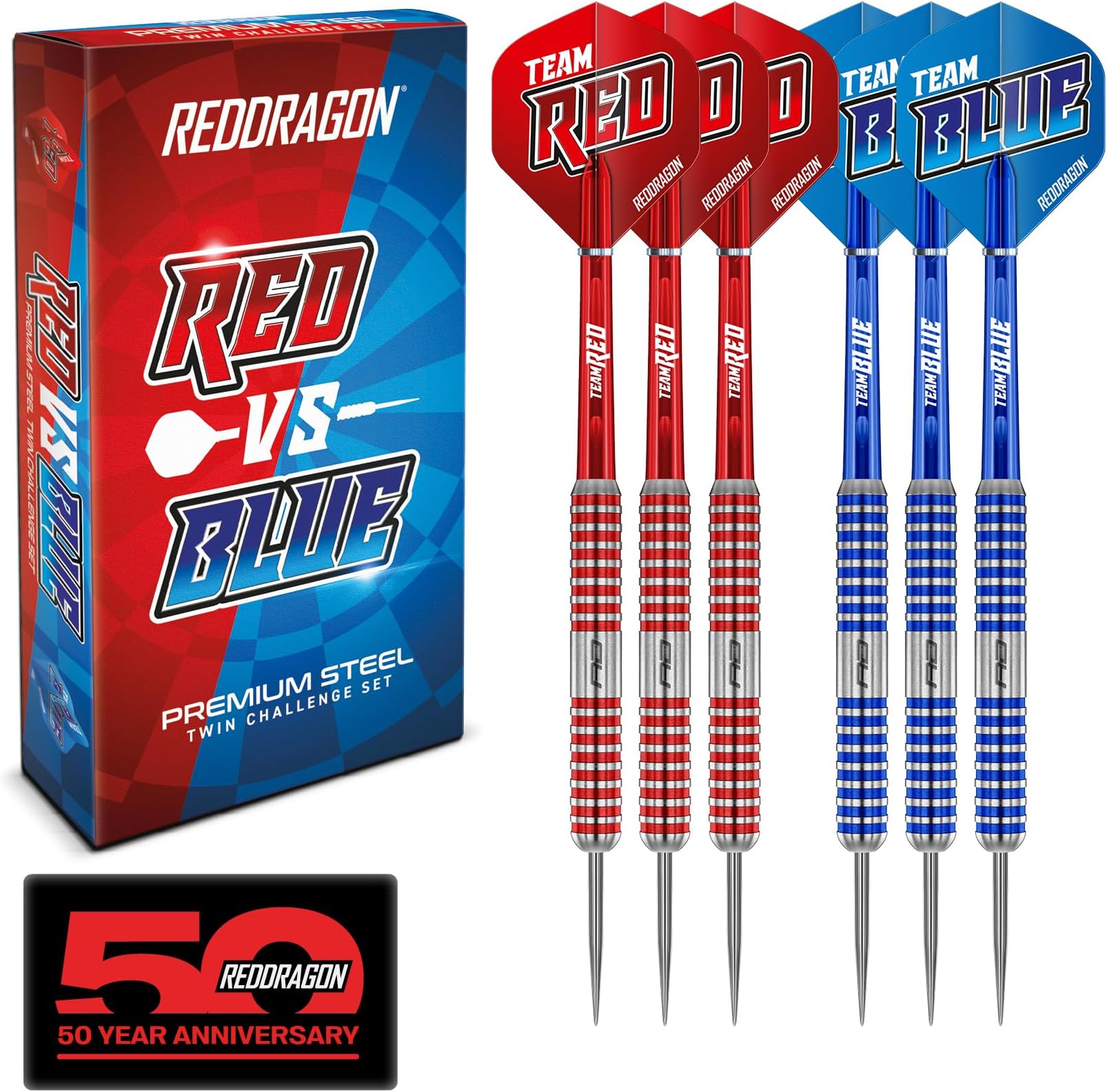 RED DRAGON Team Red v Team Blue Steel Darts Set with Flights and Shafts (Stems)