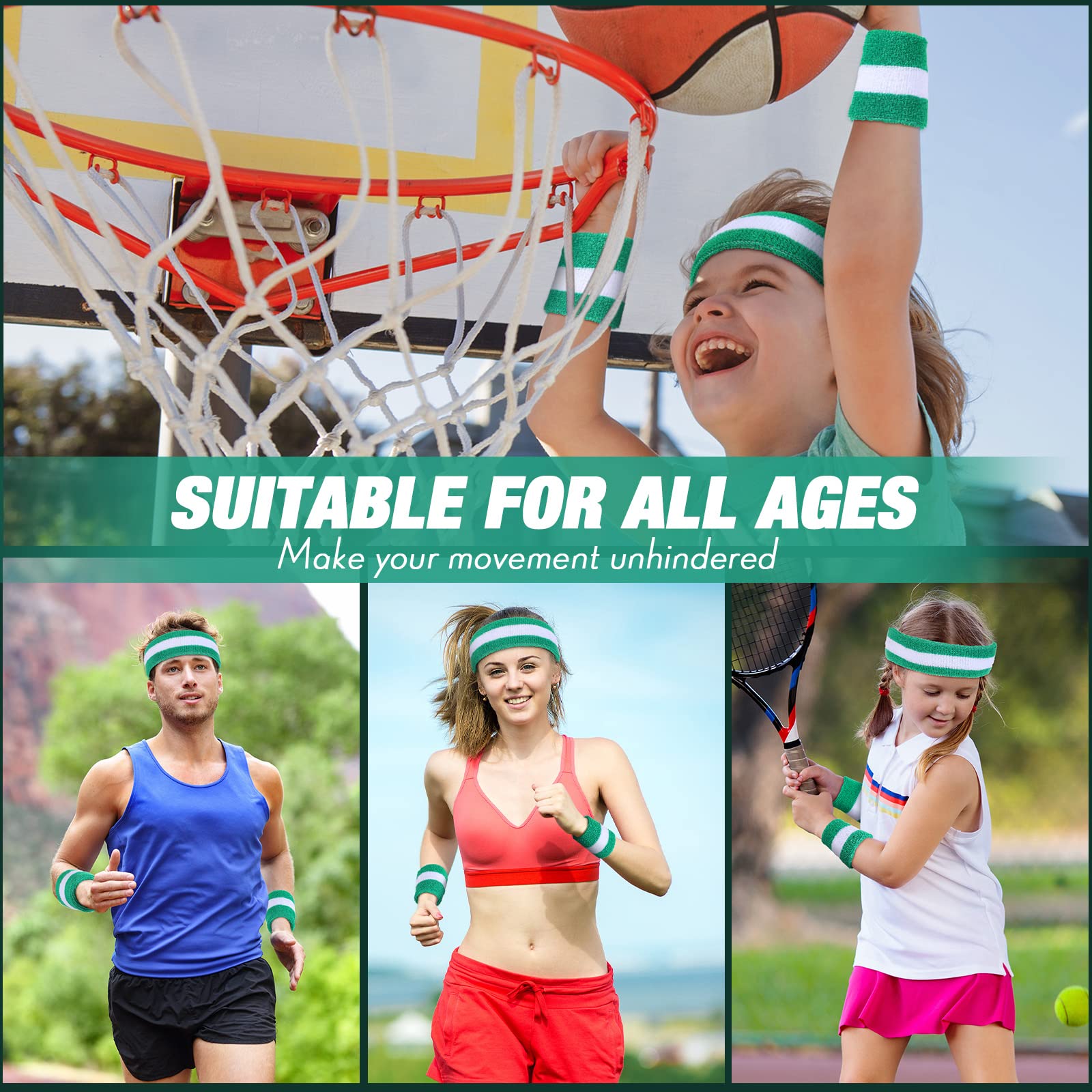 Eurzom 36 Pcs Bulk Striped Sweatband Set Include 12 Pcs Sweat Absorbing Striped Headbands and 24 Pcs Cotton Sweatbands Wristbands for Gym Sports