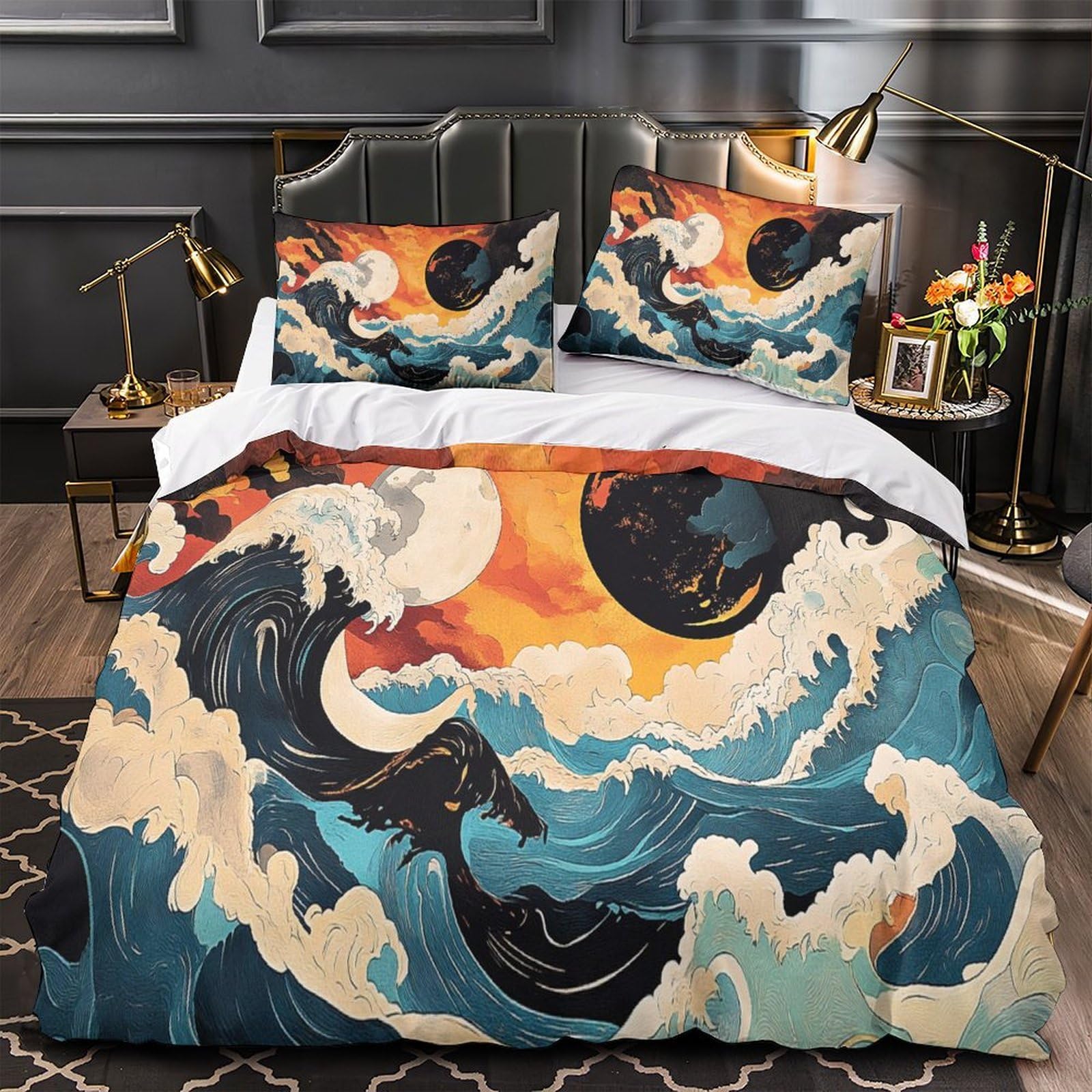 Housse de couette vague océanique 3D entretien facile pour lit single 135x200cm