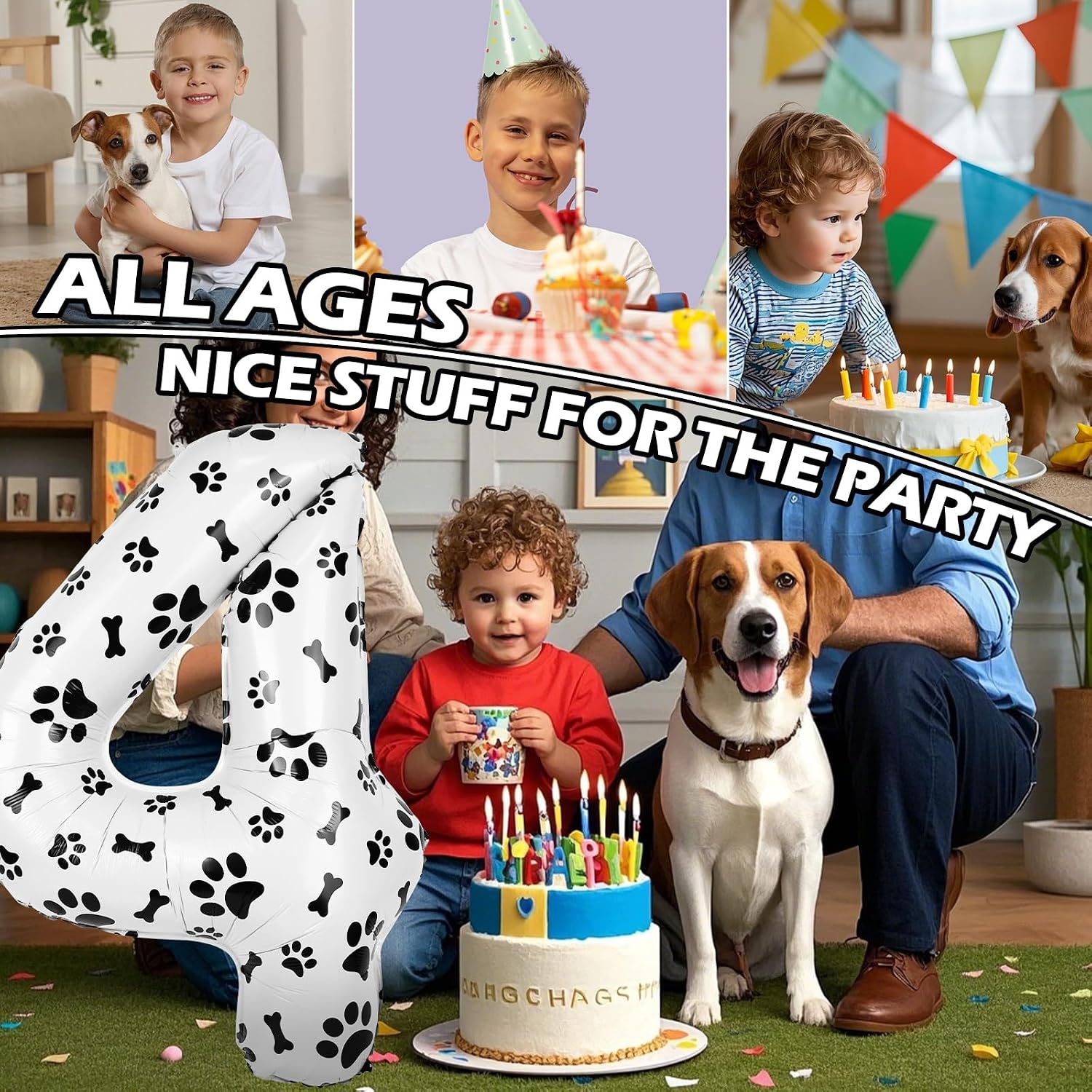 40 Inch Dog Foil Birthday Balloons, Black White Dog Paw and Bone Print Number 4 Balloons for Girls Boys 4th Birthday Party Decorations(Number 4) image 5