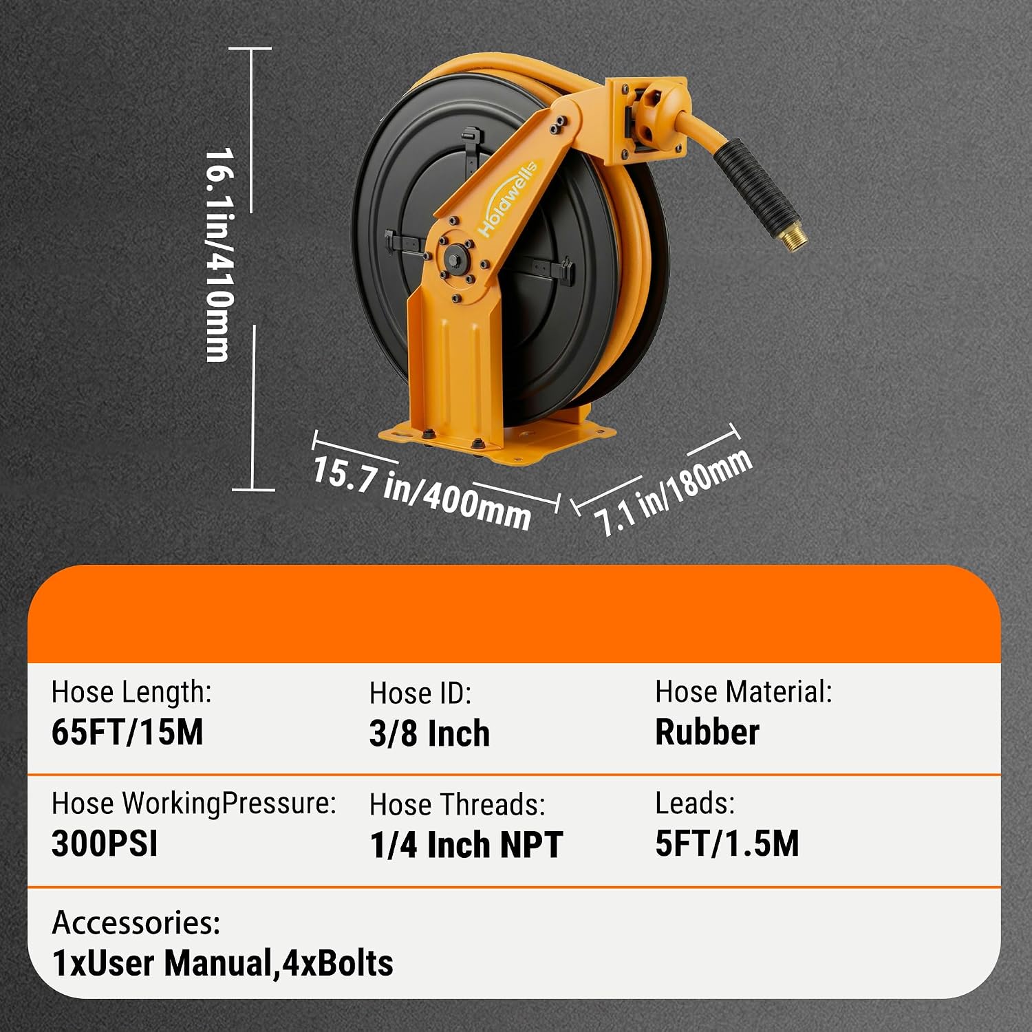 Retractable Air Hose Reel, 3/8" x 65FT Hybrid Air Hose, 300PSI Max, Auto-Rewind & Length-Lock, 1/4" NPT Fitting, Ceiling/Wall Mount Heavy Duty Dual Arm Steel Reel for Workshop/Garage