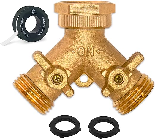 Morvat Brass 2-Way Y Splitter LEAD-FREE, Heavy-Duty Garden Hose Manifold Connector with Improved Comfort Grip ON/OFF Valves, Adapter for Water Faucet & Spigot, Extra 3 Washers, Teflon Tape (1-Pack)