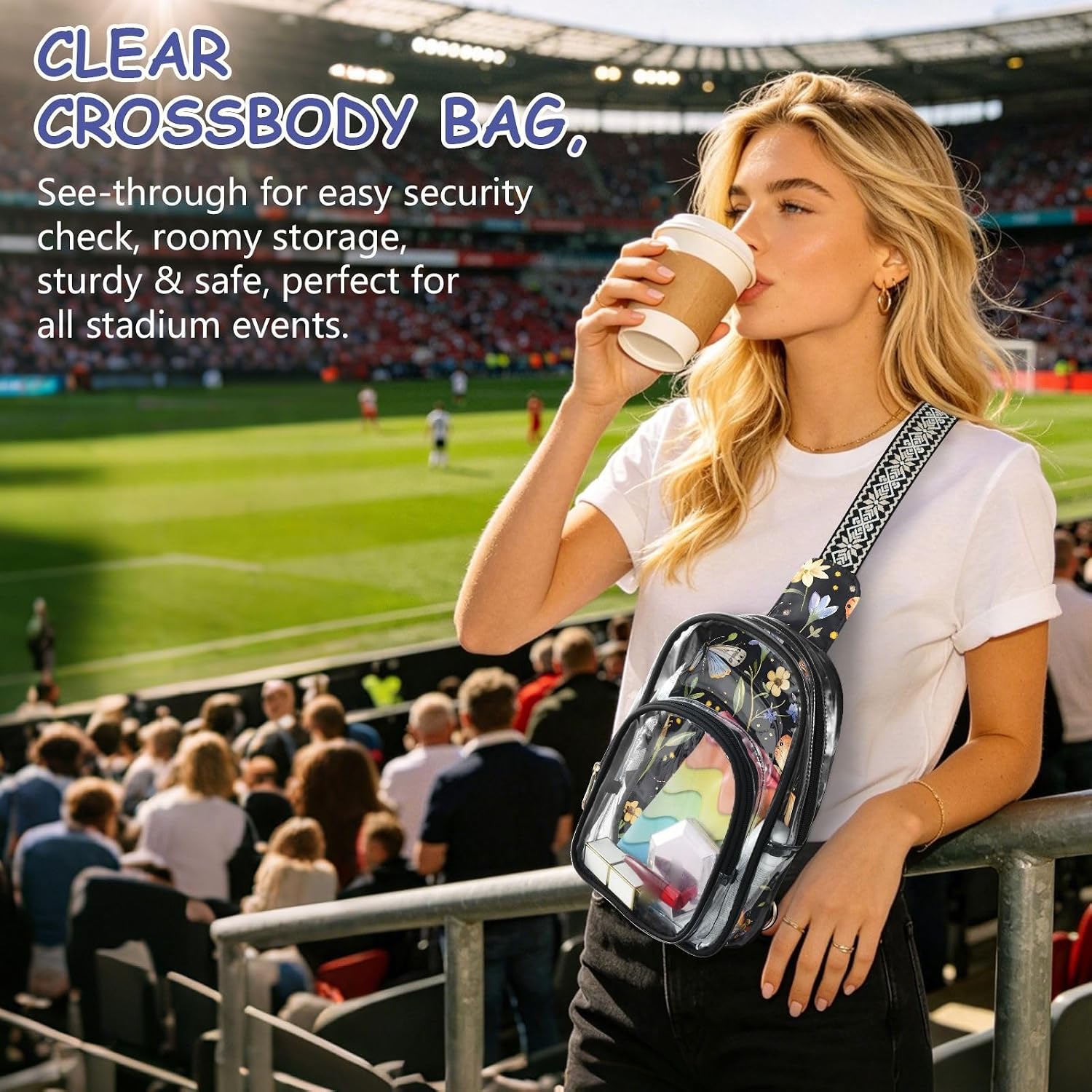 GAIREG Retro Flowers Butterfly Black Clear Stadium Bag for Unisex | Adjustable Clear Crossbody Bag, Unisex & Taller Wearers, Transparent Sling, All-Day Comfort