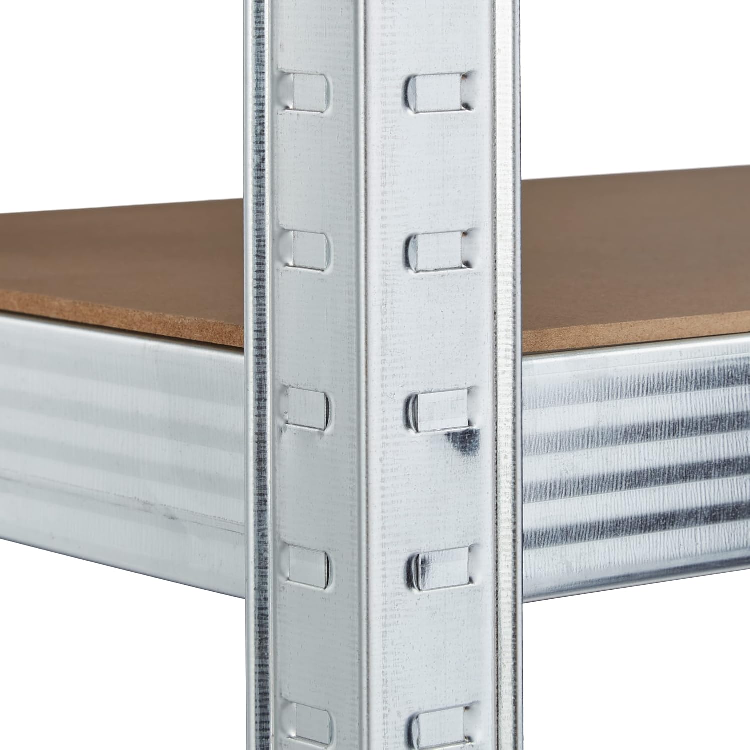 Close-up of the vertical metal upright showing multiple slots for adjustable shelf placement.