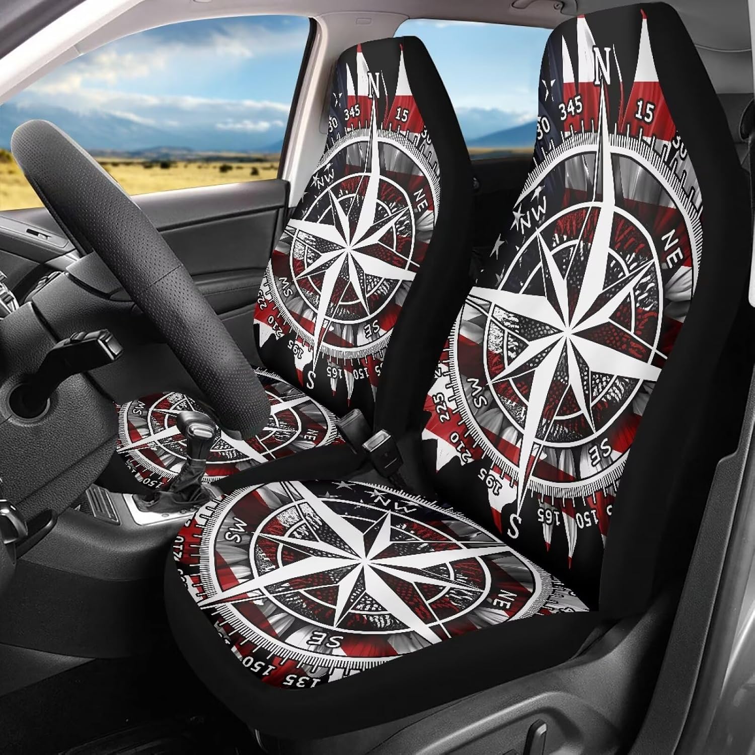 Compass Stripe Pattern Auto Seat Covers, Waterproof Automotive Seat Cushion Stretchy Vehicle Interior Decorative Fit for Most Vehicles, Cars, SUV