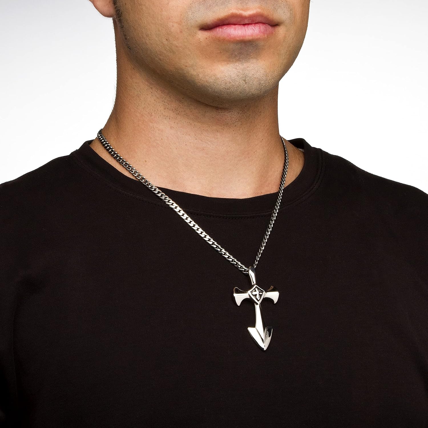 PalmBeach Men's Cross Pendant with Blackened Cross Accent in Stainless Steel 24"