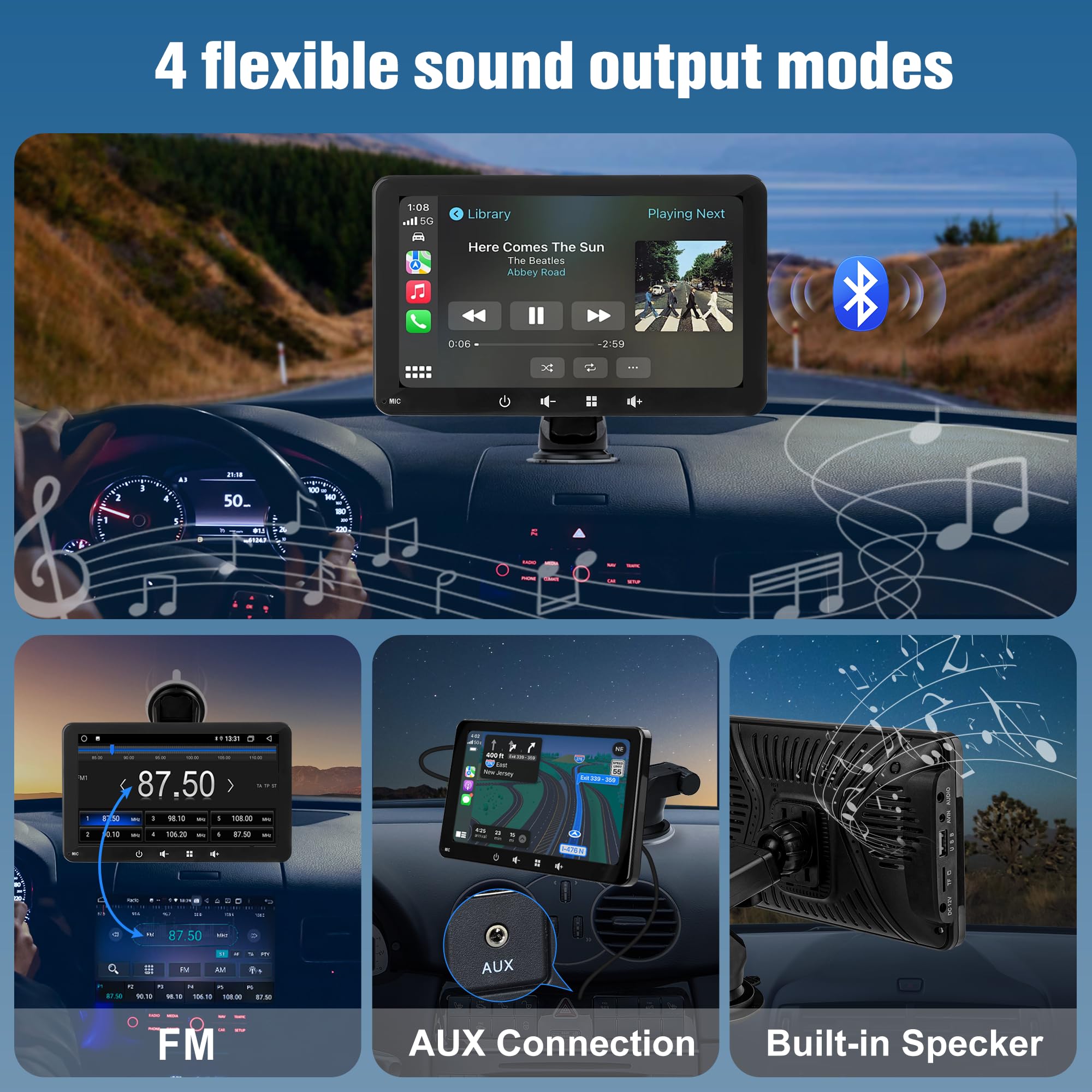 Pantalla de 7'' para Coche CarPlay Wireless y Android Auto, Compatible con Control de Voz, AUX, BT 5.0 y Función Mirror Screen, para Diferentes Vehículos (7 Pulgadas)