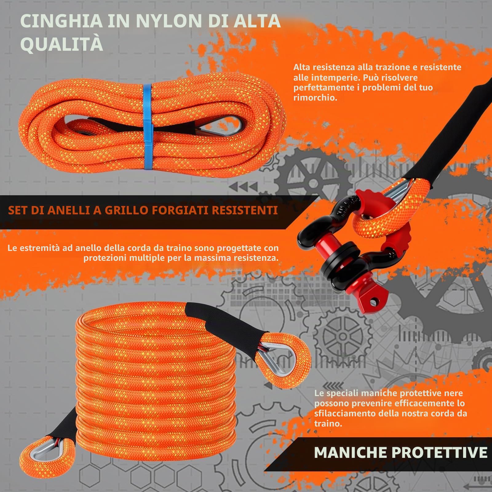 Longzhuo Cinghia di Traino Auto, 6M/10T 22000lbs Corda da Traino Fuoristrada, Cinghia da Traino con 2 Grillo di Sicurezza, Corda di Recupero di Emergenza Heavy Duty Car per Camion, UTV Tractor