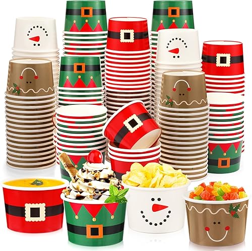 Bokon 100 tazas de helado de Navidad de 9 onzas, cinturón de Papá Noel, decoraciones de Navidad, cuencos de helado desechables, suministros de