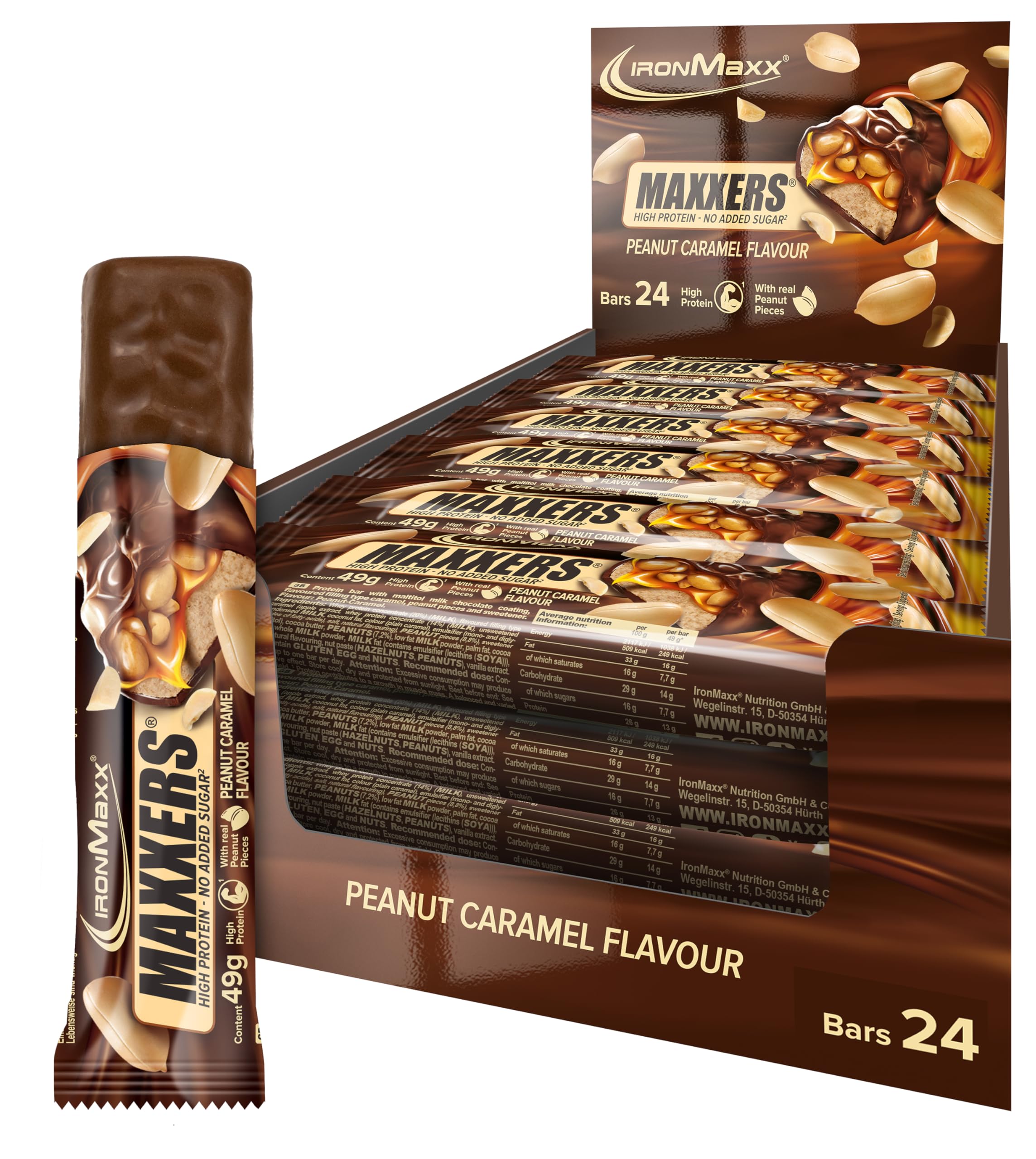 IronMaxx Barre protéinée Maxxers Peanut Caramel – 24 x 49 g – barre protéinée, protein bar, snack protéiné sans sucres ajoutés, collation sportive fitness