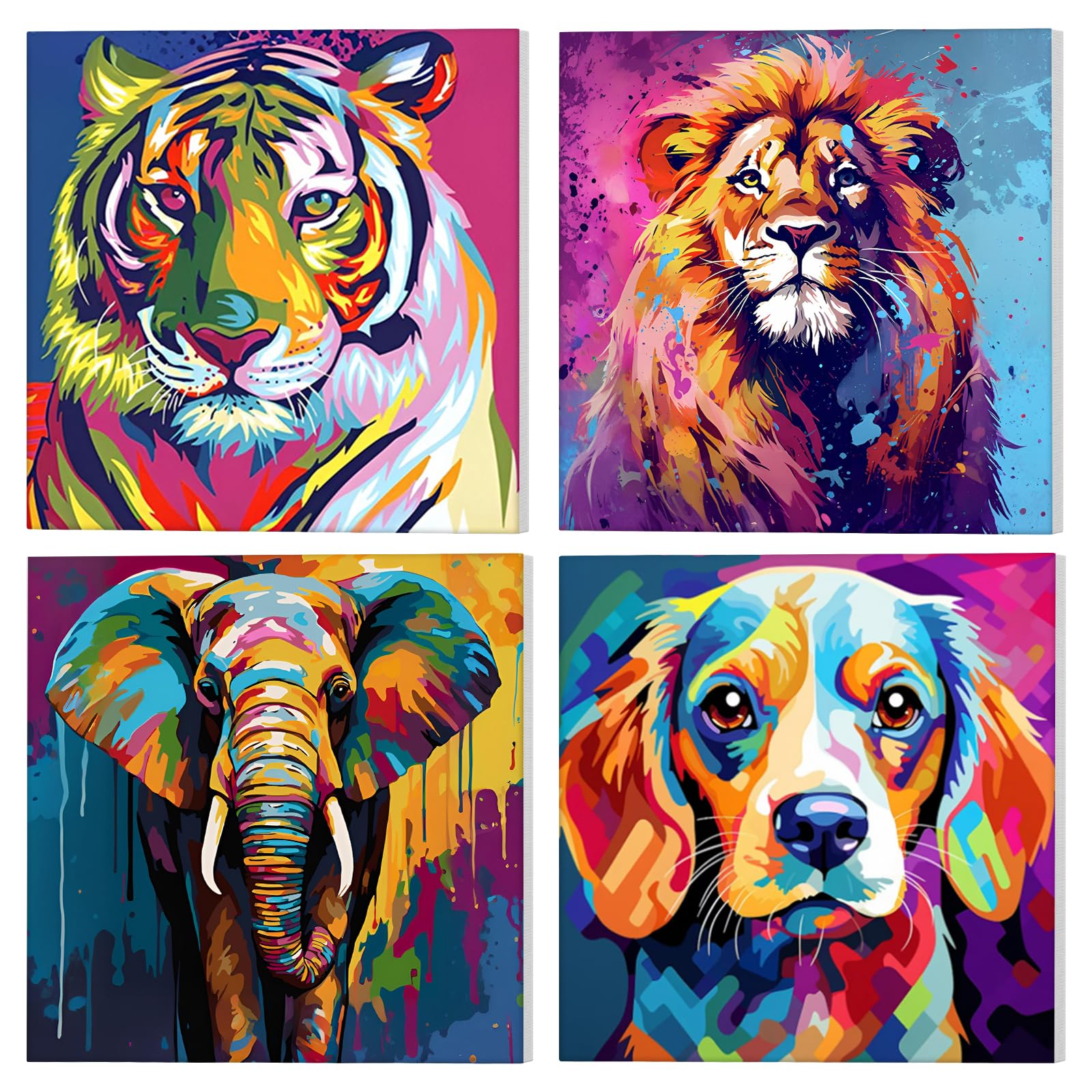 NAIMOER 4 Pack Framed Paint by Numbers Colorful Animals for Adults Kids, DIY Tiger Lion Painting by Numbers Elephant Dog with Wooden Frame, Art on Canvas Gifts Home Wall Decor 8x8in
